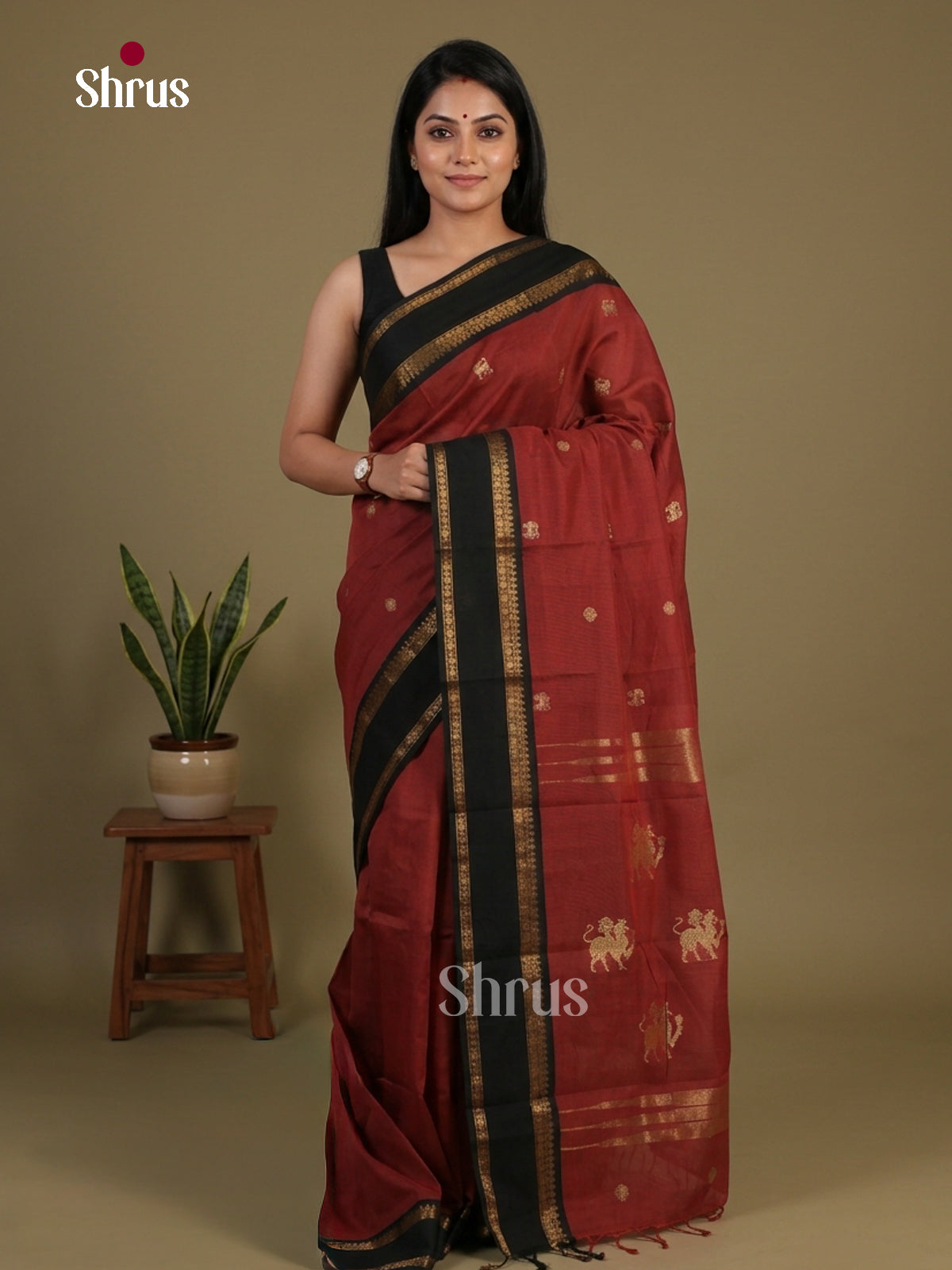 Opulent Maroon Chettinad Cotton Saree With Gold Buttas & Dark Brown Rettapet Zari Border