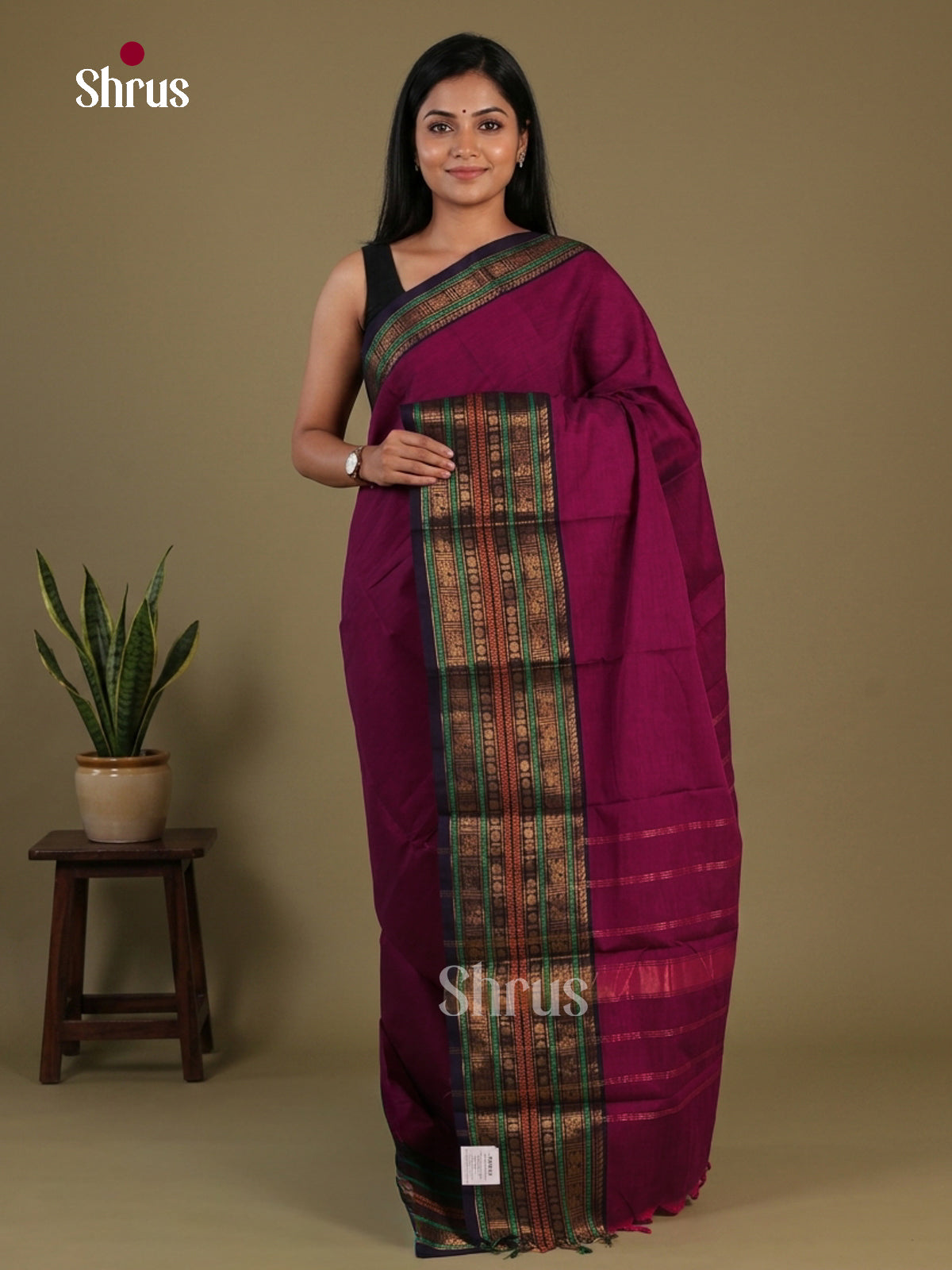 Chettinad Cotton Saree With Plain Body & Black Border With Zari Bands - Shop on Shrus.com