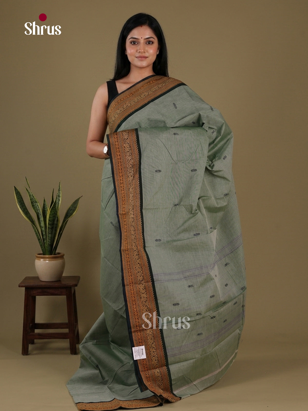 Grey Green & Black - Chettinad Cotton Saree - Shop on Shrus.com