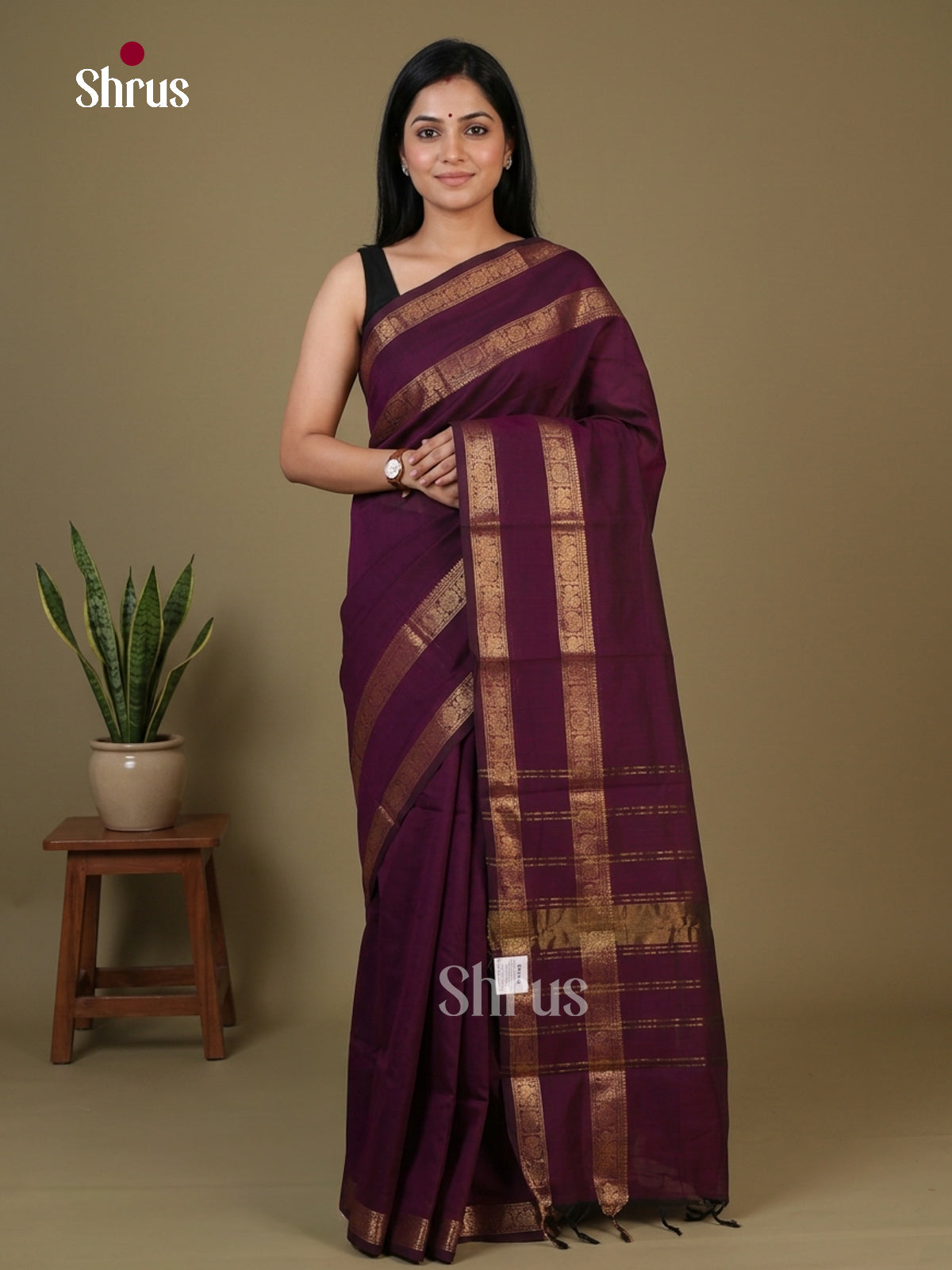 Regal Wine Purple Chettinad Cotton Saree With Plain Body, Small Zari Border & Chit Pallu - Shop on Shrus.com