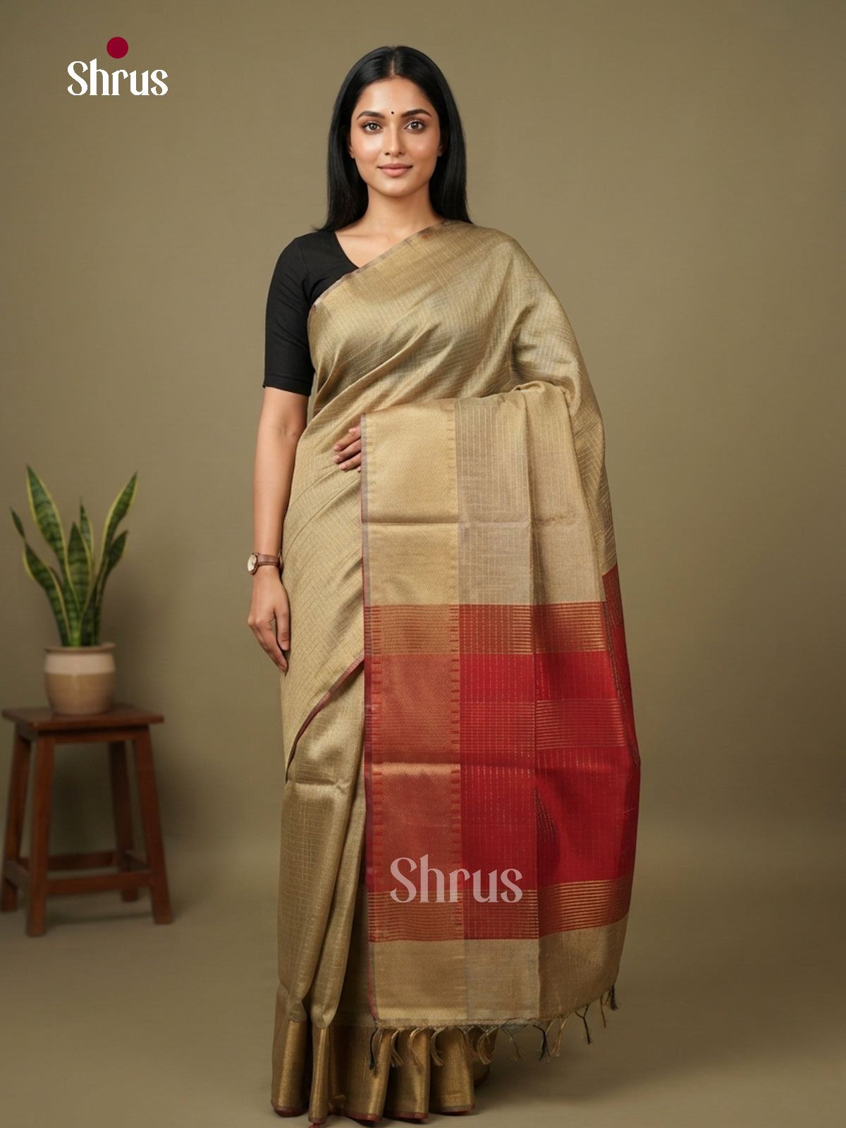 Grey & Red - Semi Rawsilk Saree - Shop on Shrus.com