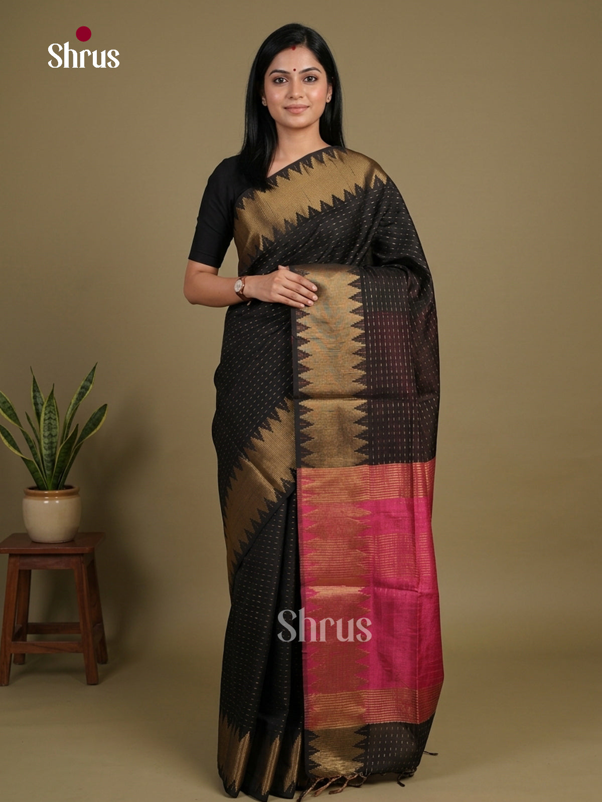 Black & Pink - Semi Rawsilk Saree - Shop on Shrus.com