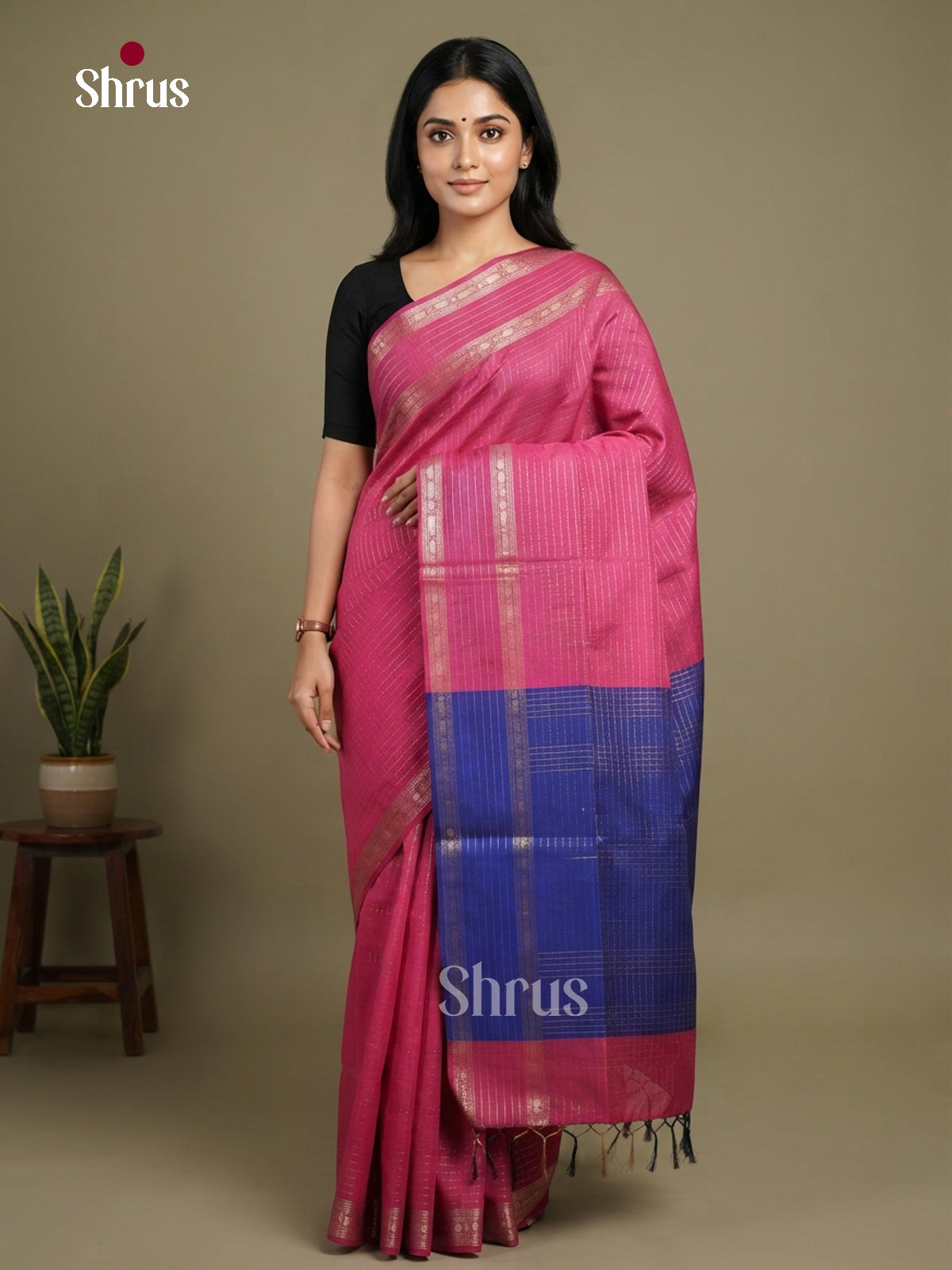 Pink & Blue - Semi Rawsilk Saree - Shop on Shrus.com
