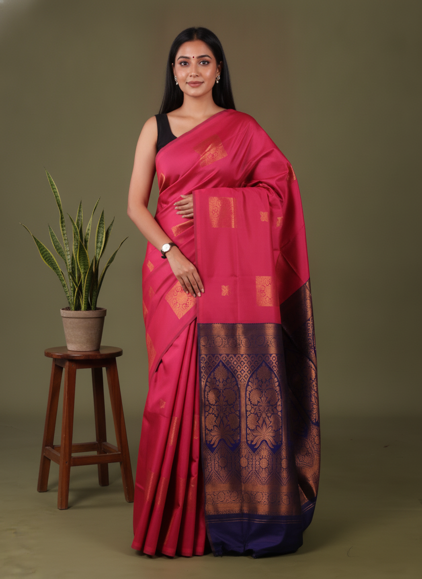 Pink & Blue - Semi Softsilk Saree