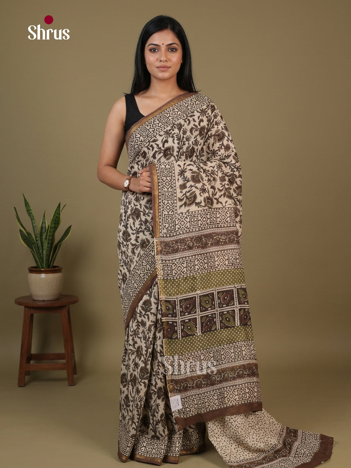 Cream & Brown - Chanderi Saree