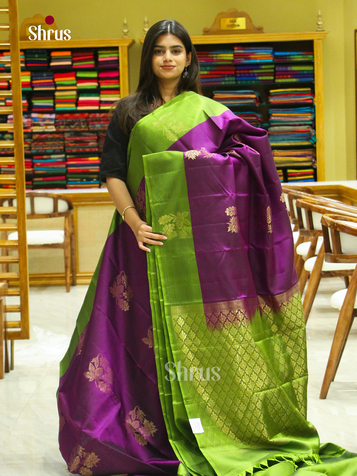 Violet Halfpure Soft Silk Saree with Leaf Buttas | Light Green Contrast Border - Shop on Shrus.com