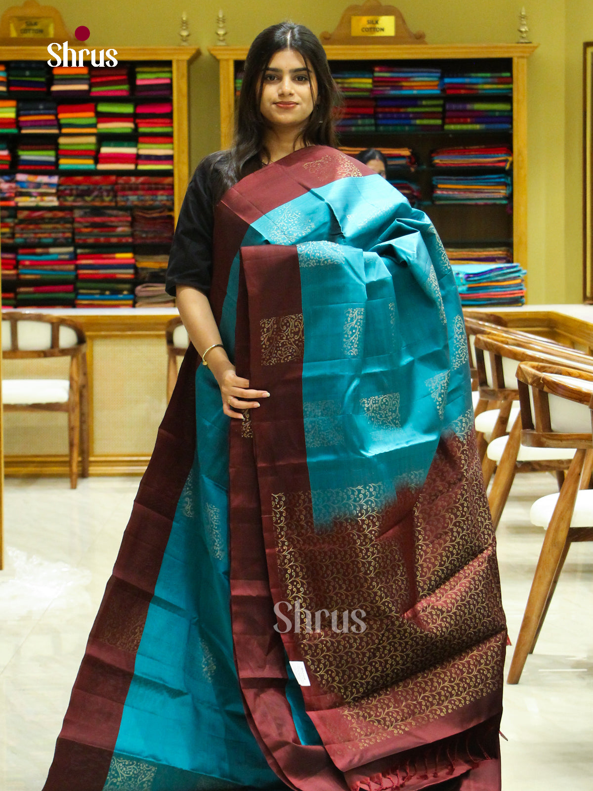 Teal Blue Halfpure Soft Silk Saree with Square Buttas | Dark Brown Contrast Border