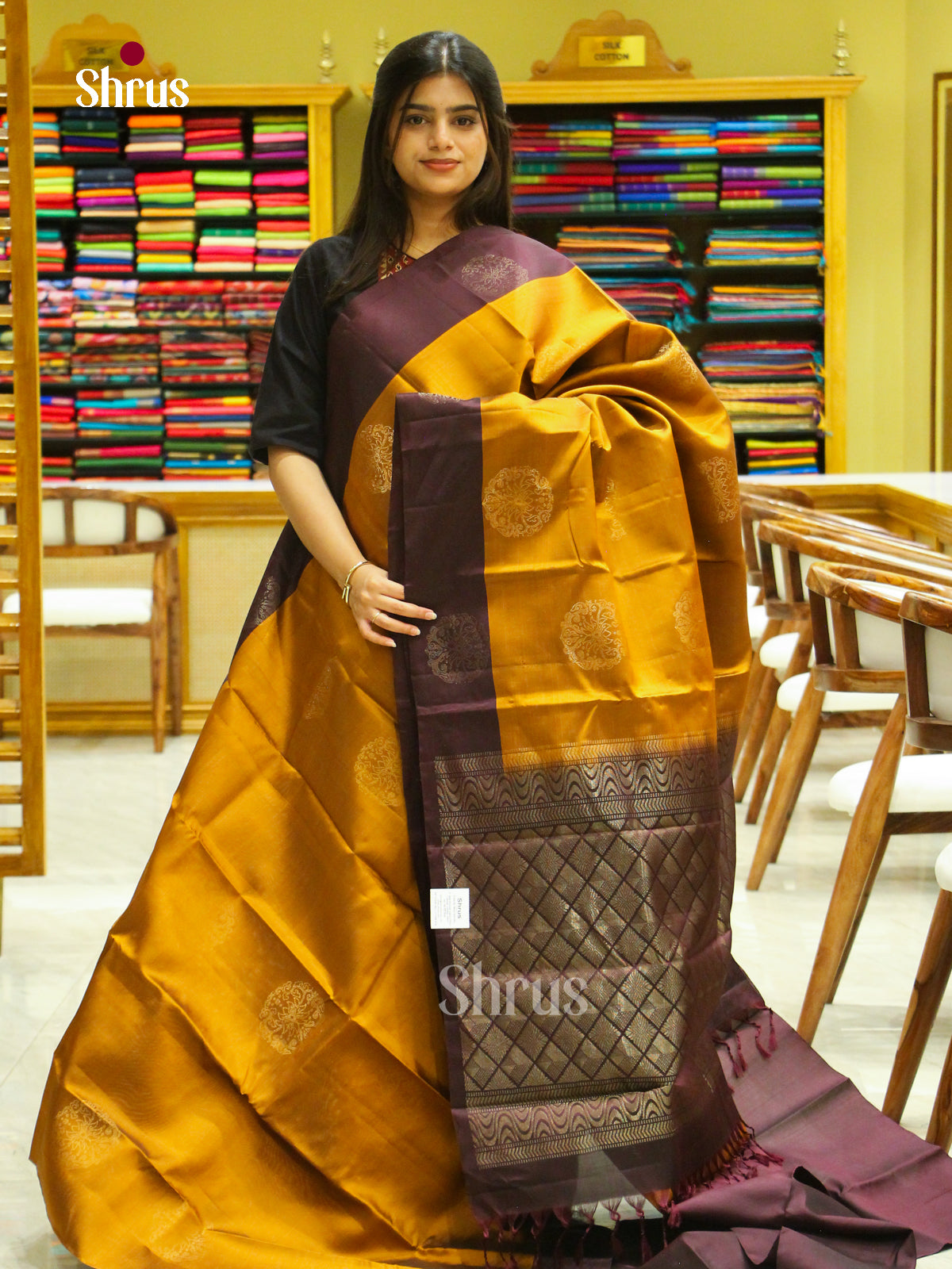 Rust Orange Halfpure Soft Silk Saree with Square Buttas | Dark Brown Contrast Border — EFS25035 - Shop on Shrus.com