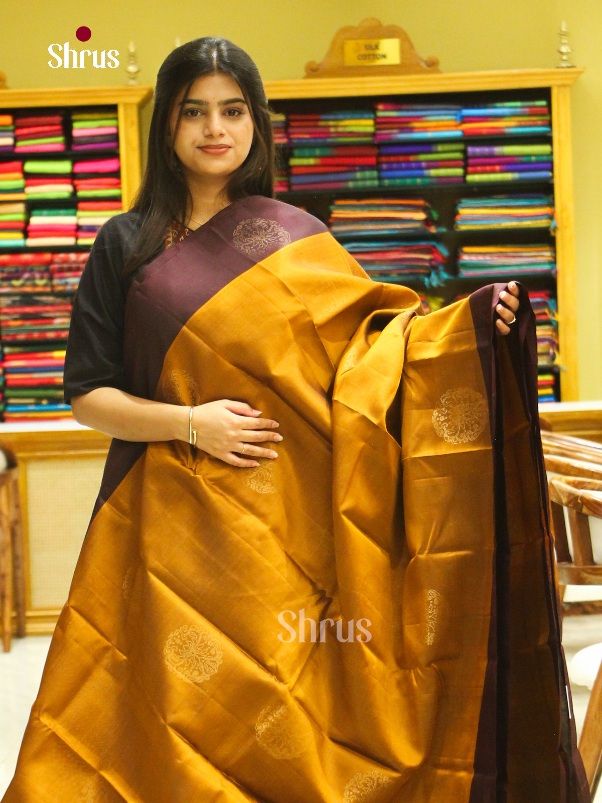 Rust Orange Halfpure Soft Silk Saree with Square Buttas | Dark Brown Contrast Border — EFS25035 - Shop on Shrus.com