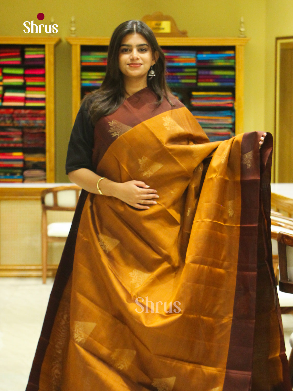Rust Orange Soft Silk Saree with Triangle Buttas | Maroon Contrast Border - Shop on Shrus.com