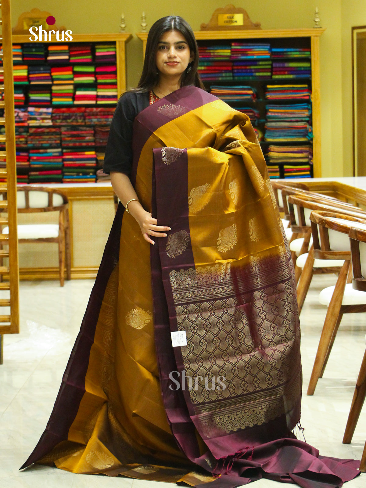 Mustard Halfpure Soft Silk Saree with Floral Buttas | Dark Brown Contrast Border - Shop on Shrus.com