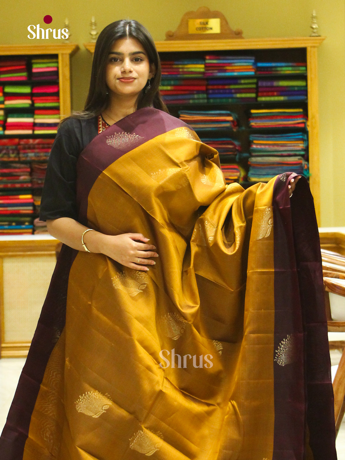 Mustard Halfpure Soft Silk Saree with Floral Buttas | Dark Brown Contrast Border - Shop on Shrus.com