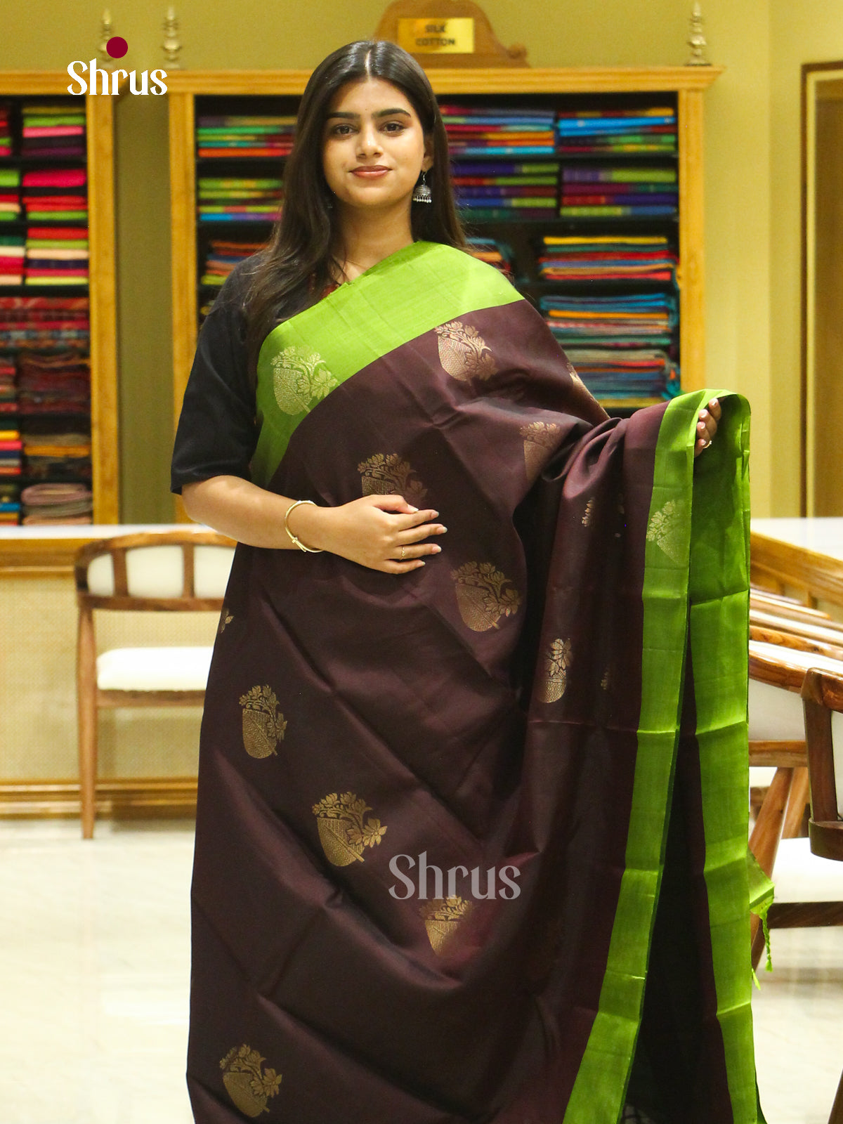 Dark Brown Halfpure Soft Silk Saree with Floral Buttas | Light Green Contrast Border - Shop on Shrus.com
