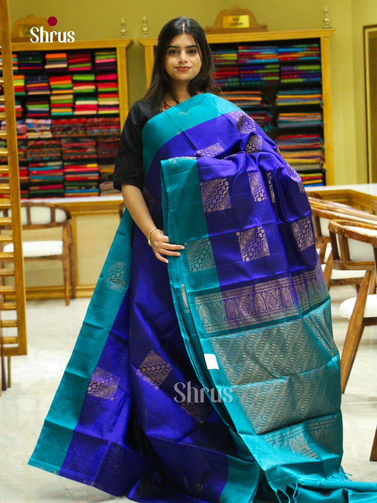 Dark Blue Halfpure Soft Silk Saree with Square Buttas | Teal Blue Contrast Border