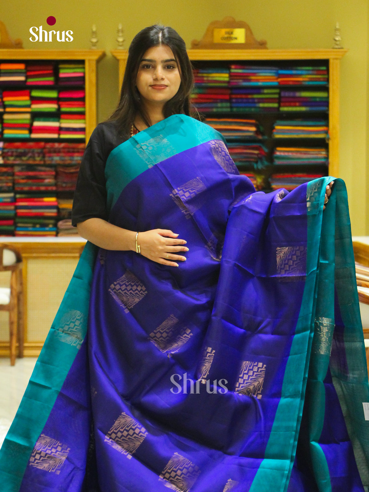 Dark Blue Halfpure Soft Silk Saree with Square Buttas | Teal Blue Contrast Border