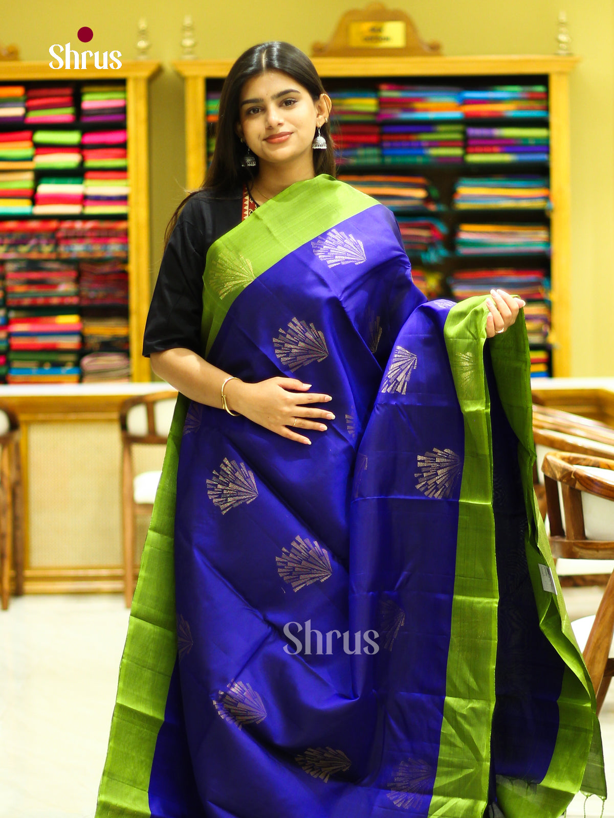 Dark Blue Halfpure Soft Silk Saree with Geometric Buttas | Light Green Contrast Border - Shop on Shrus.com