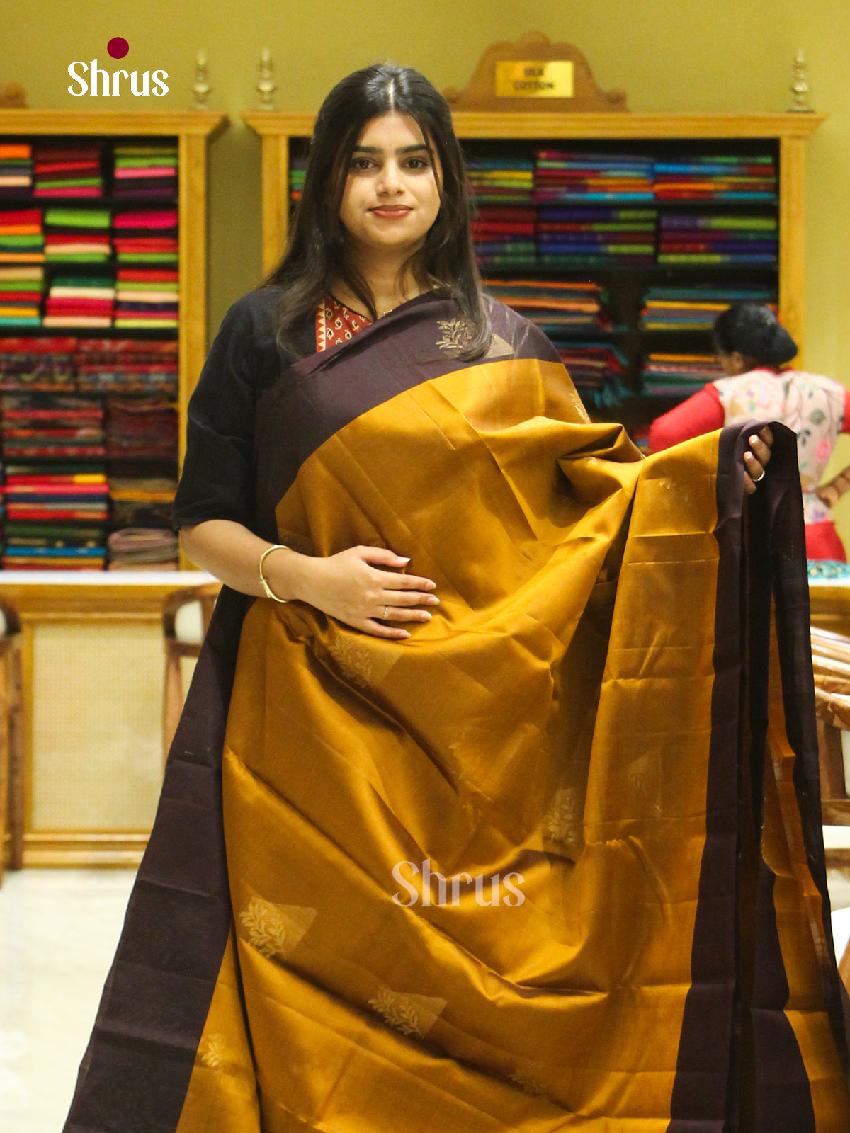 Mustard Halfpure Soft Silk Saree with Triangle Buttas | Dark Brown Contrast Border - Shop on Shrus.com
