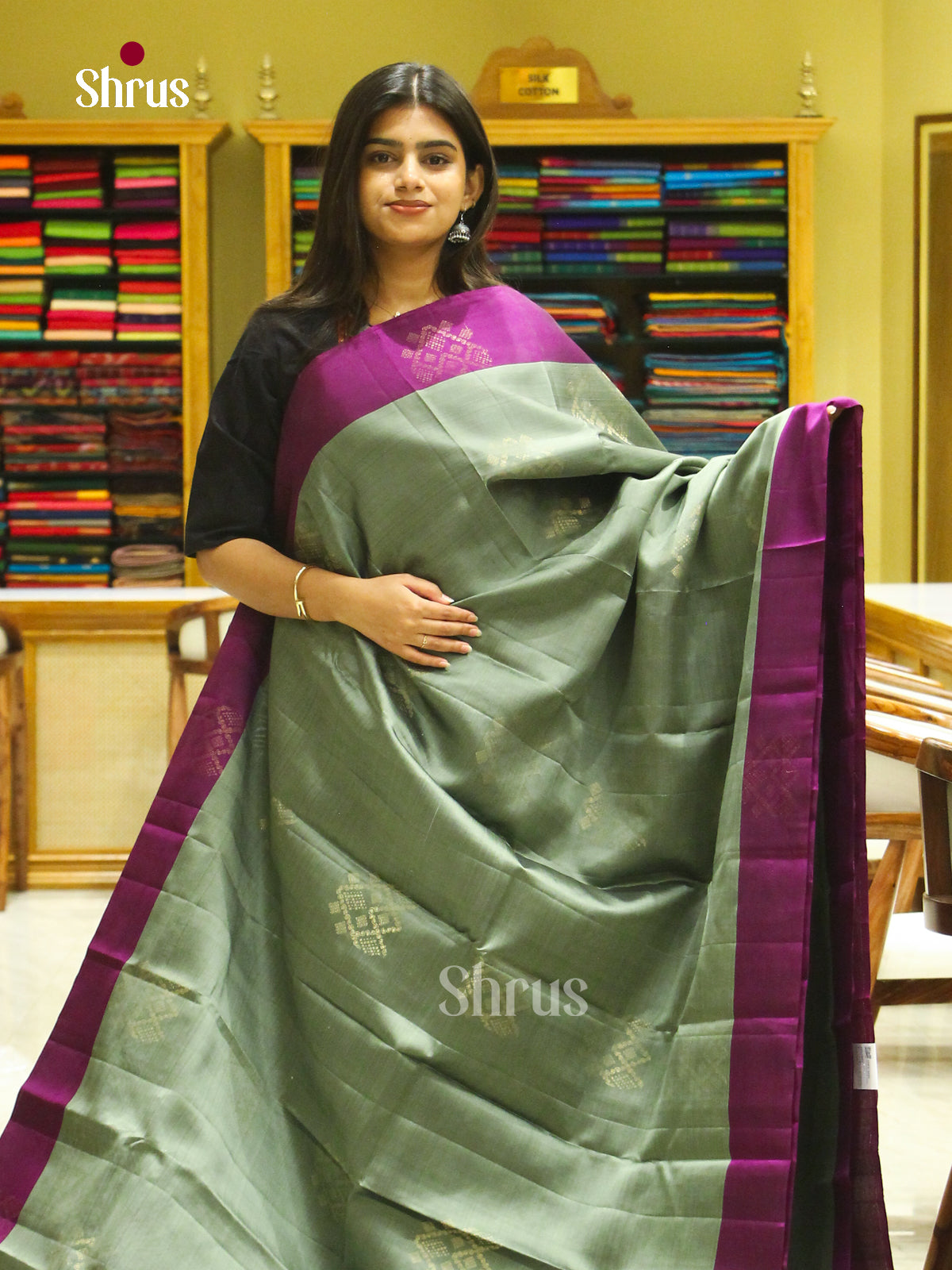 Sea Green Halfpure Soft Silk Saree with Diamond Buttas | Violet Contrast Border