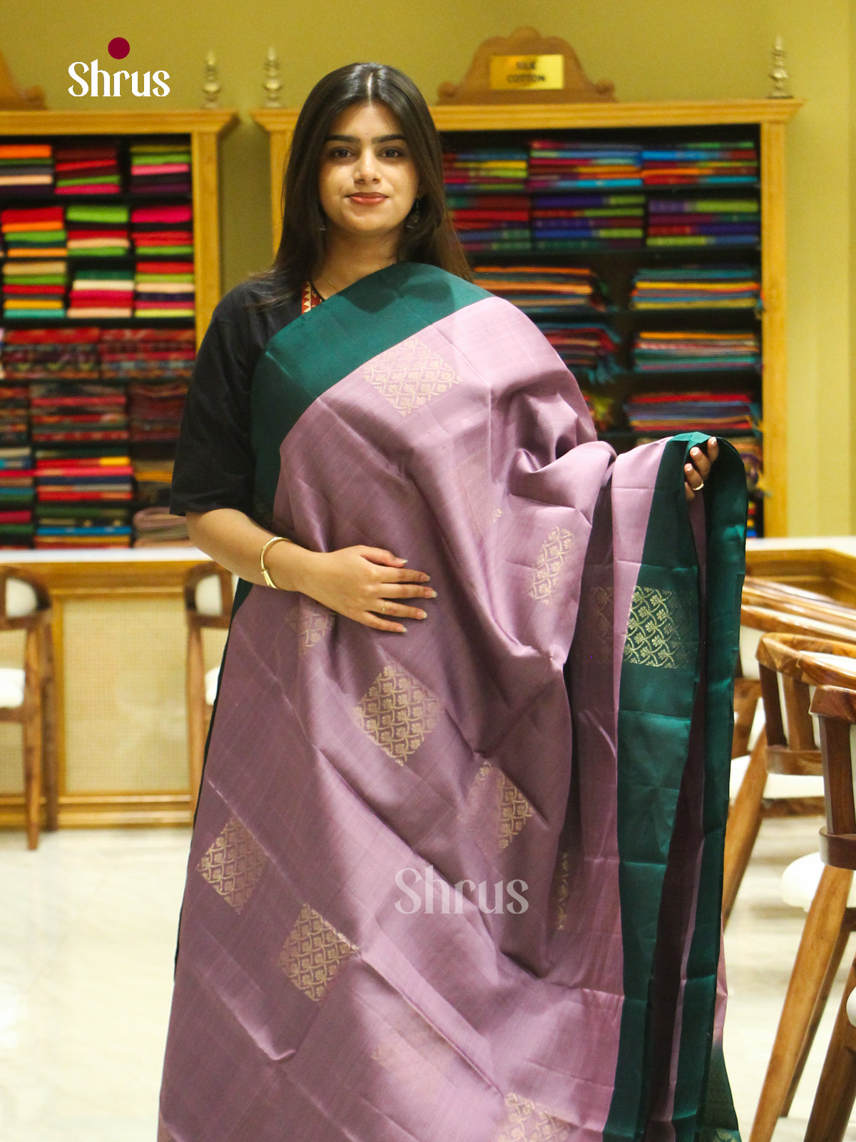 Purple Halfpure Soft Silk Saree with Square Buttas | Dark Green Contrast Border - Shop on Shrus.com