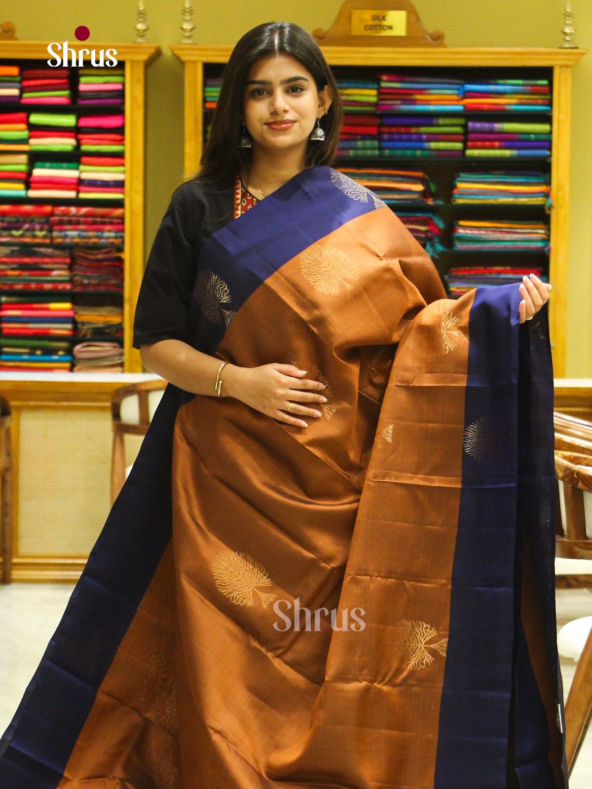 Rust Orange Halfpure Soft Silk Saree with Tree Buttas | Navy Blue Contrast Border - Shop on Shrus.com