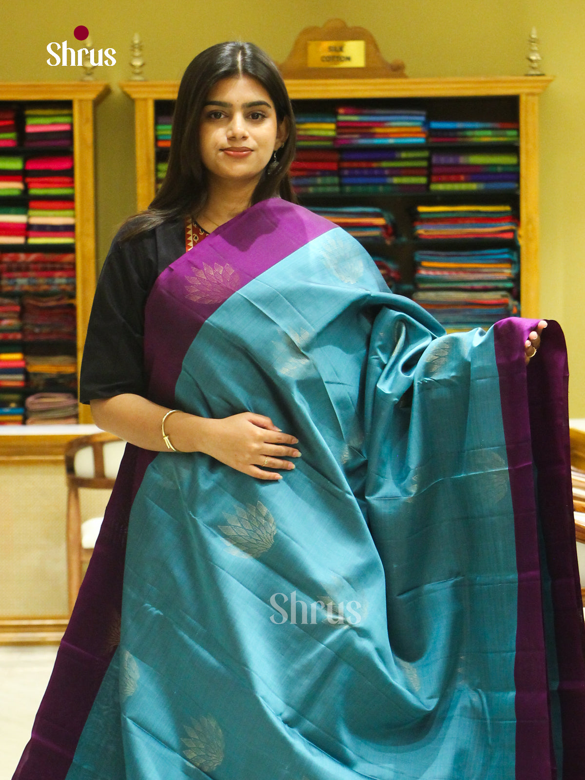 Teal Blue Halfpure Soft Silk Saree with Leaf Buttas | Violet Contrast Border