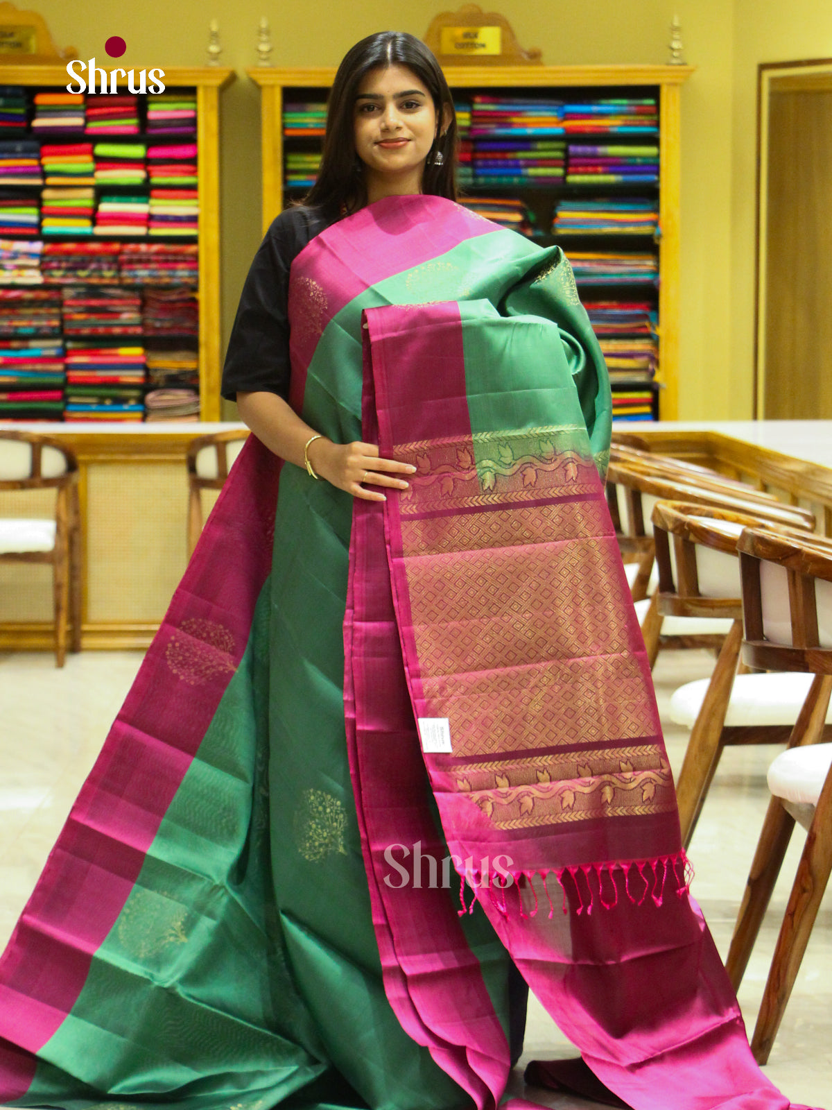 Green Halfpure Soft Silk Saree with Tree Buttas | Magenta Contrast Border - Shop on Shrus.com