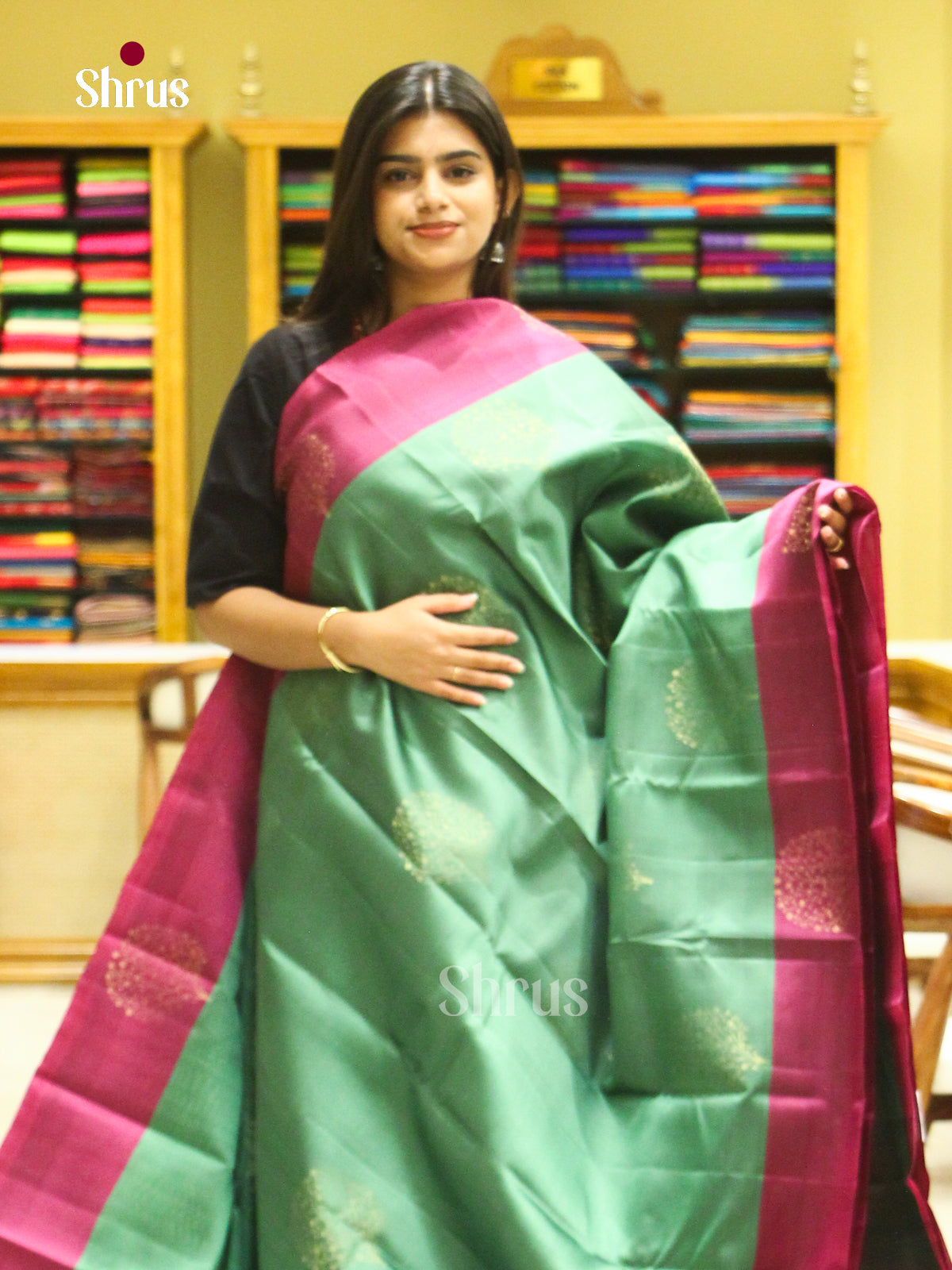 Green Halfpure Soft Silk Saree with Tree Buttas | Magenta Contrast Border - Shop on Shrus.com