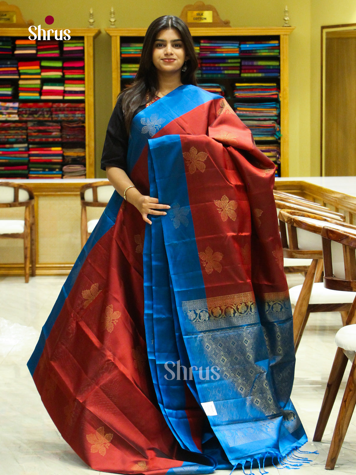 Wine Halfpure Soft Silk Saree with Floral Buttas | Peacock Blue Contrast Border - Shop on Shrus.com