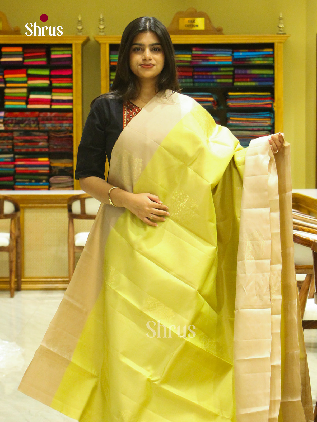Yellow Soft Silk Saree with Floral Buttas | Beige Contrast Border