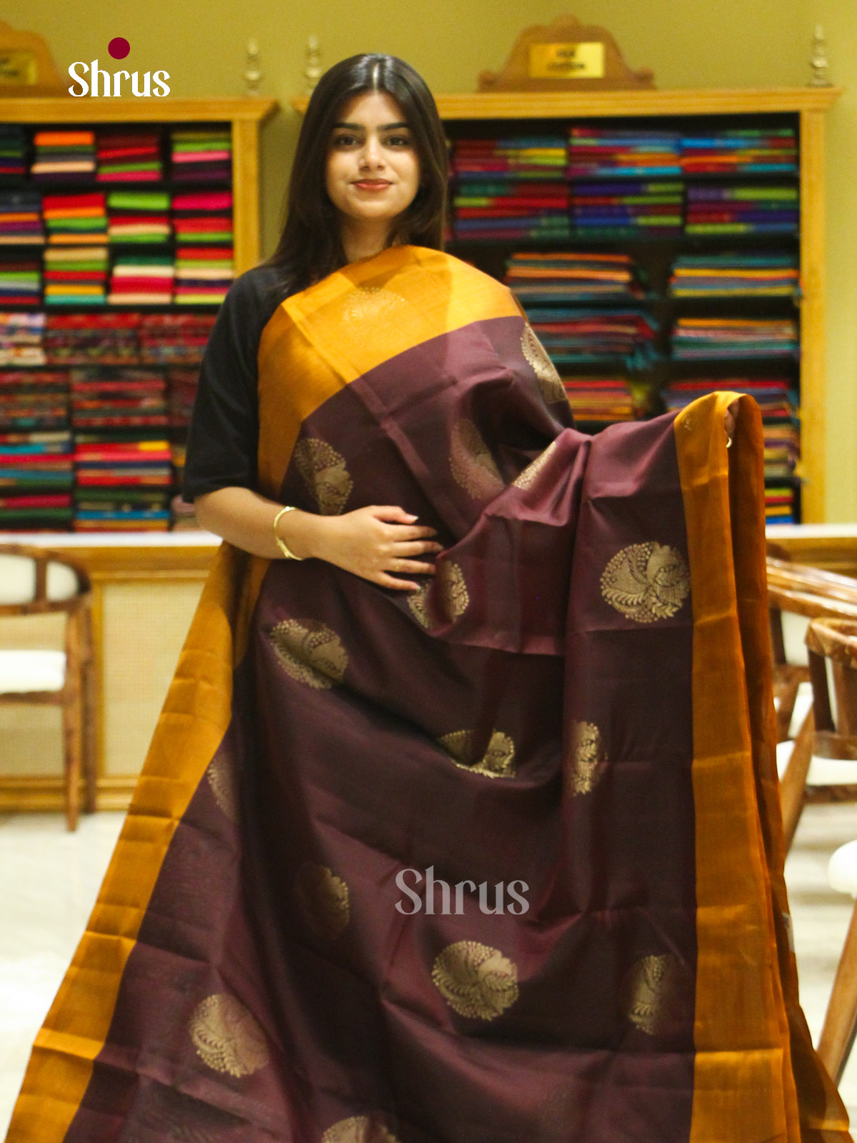 Dark Brown Halfpure Soft Silk Saree with Floral Buttas | Mustard Contrast Border - Shop on Shrus.com