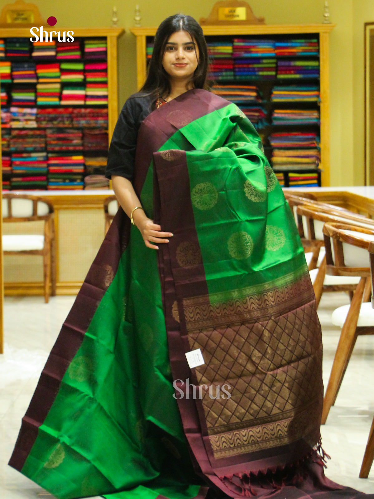 Green Halfpure Soft Silk Saree with Floral Buttas | Dark Brown Contrast Border - Shop on Shrus.com