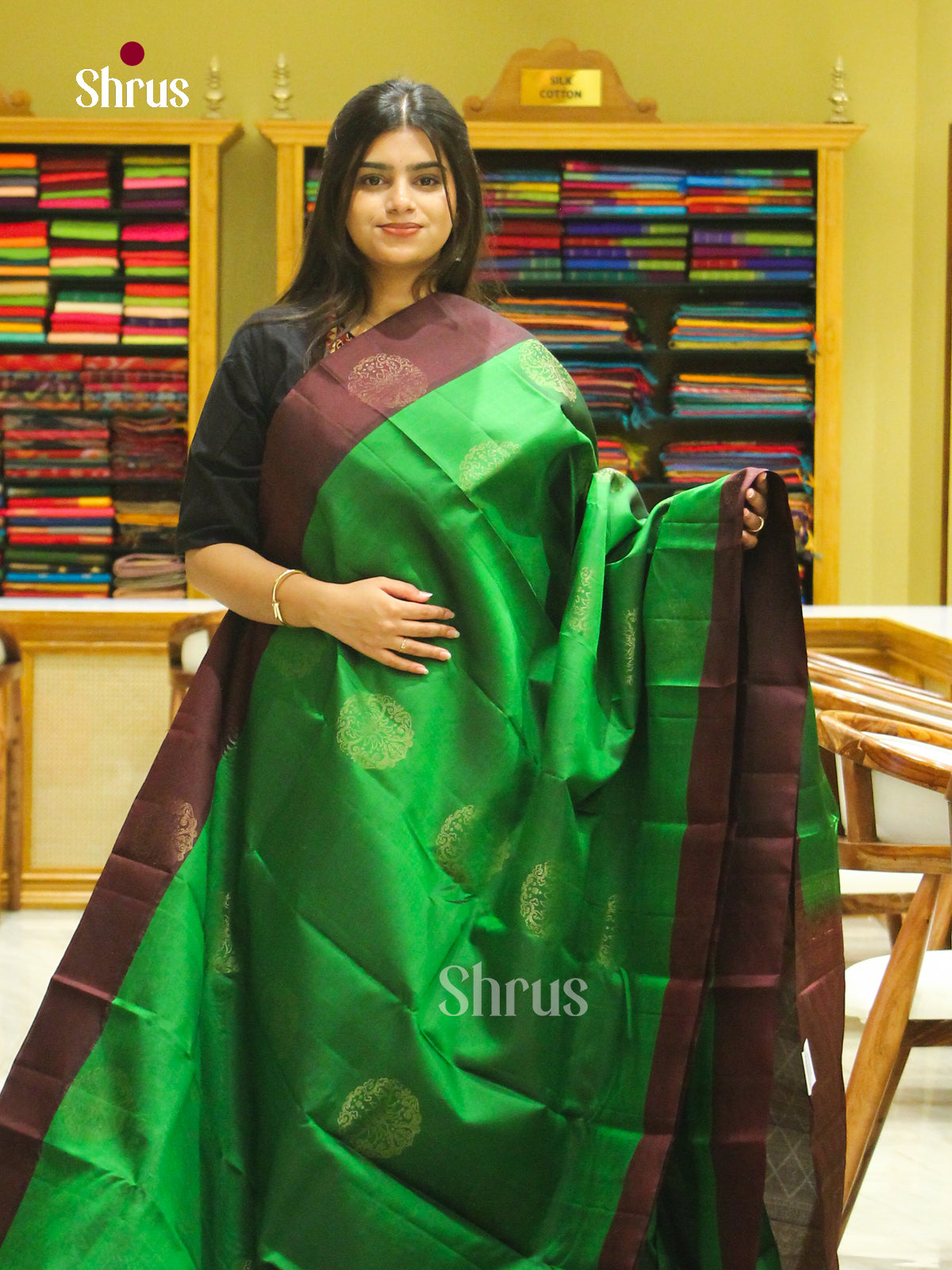 Green Halfpure Soft Silk Saree with Floral Buttas | Dark Brown Contrast Border - Shop on Shrus.com