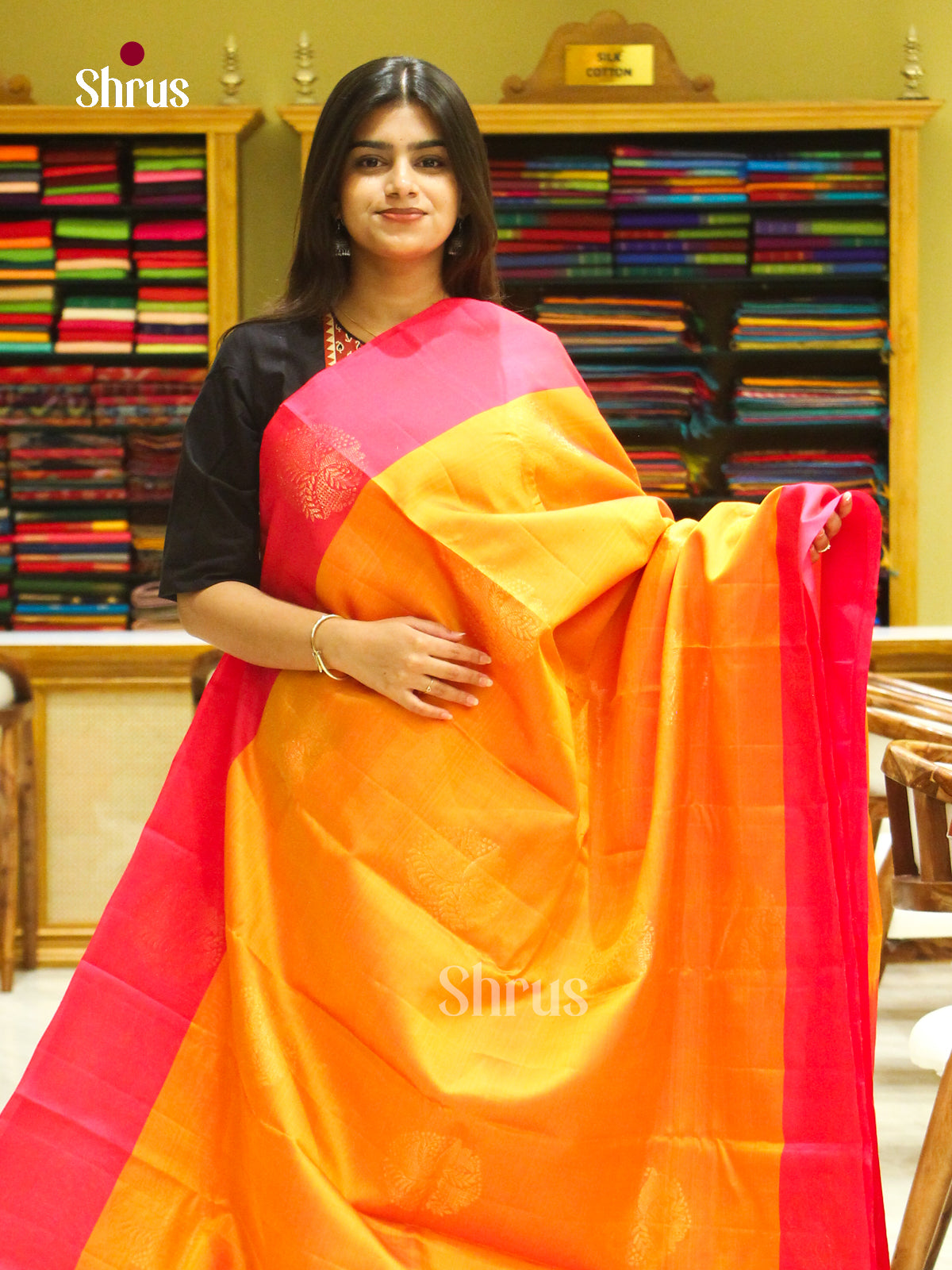 Orange Halfpure Soft Silk Saree with Floral Buttas | Pink Contrast Border — EFS25072 - Shop on Shrus.com