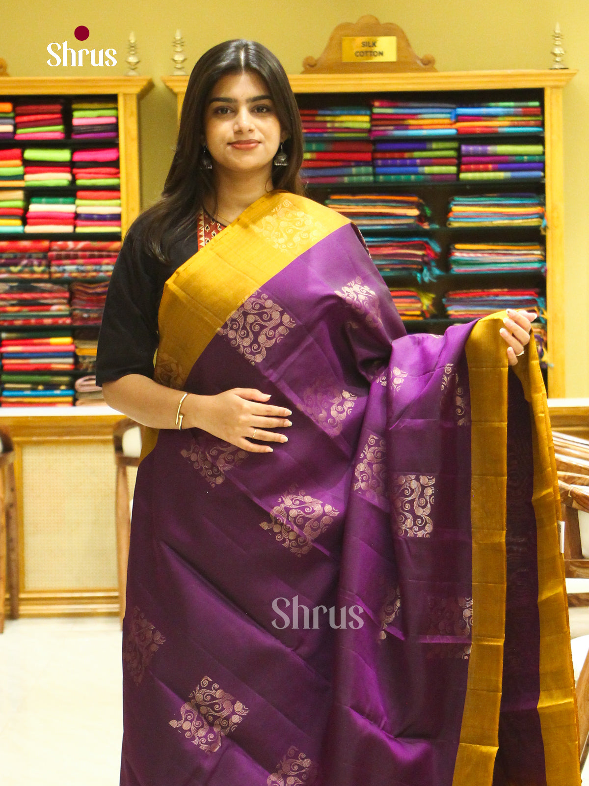 Rust Orange Halfpure Soft Silk Saree with Floral Buttas | Violet Contrast Border