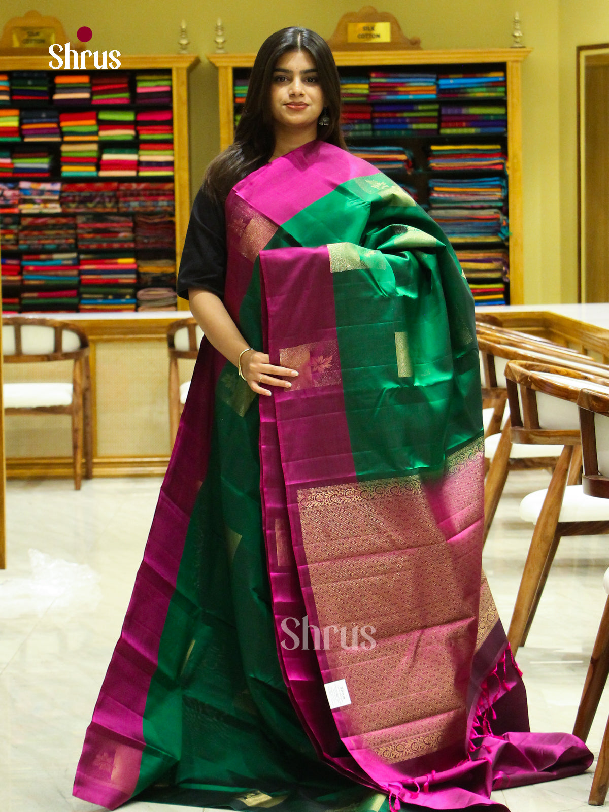 Dark Green Halfpure Soft Silk Saree with Square Buttas | Violet Contrast Border