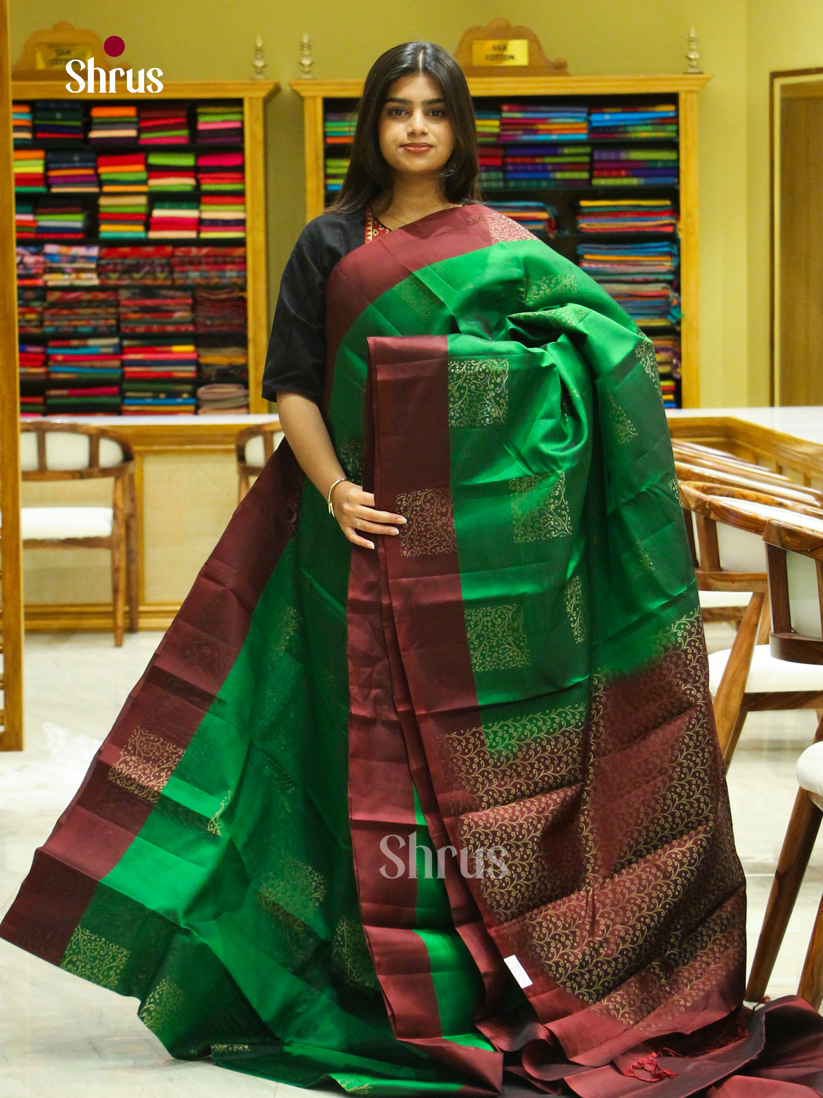 Dark Green Halfpure Soft Silk Saree with Square Buttas | Dark Brown Contrast Border - Shop on Shrus.com