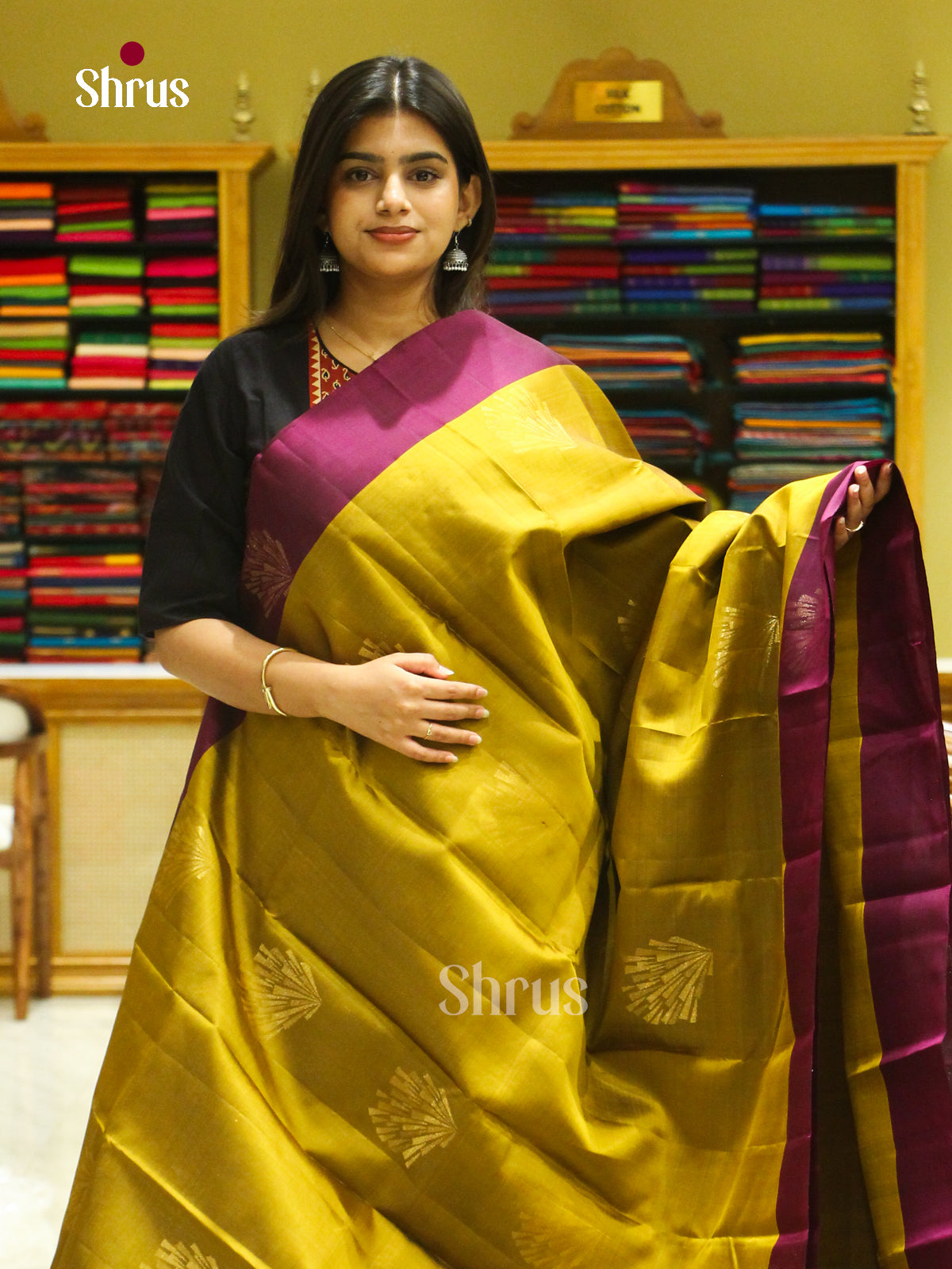Mustard Halfpure Soft Silk Saree with Square Buttas | Magenta Contrast Border - Shop on Shrus.com