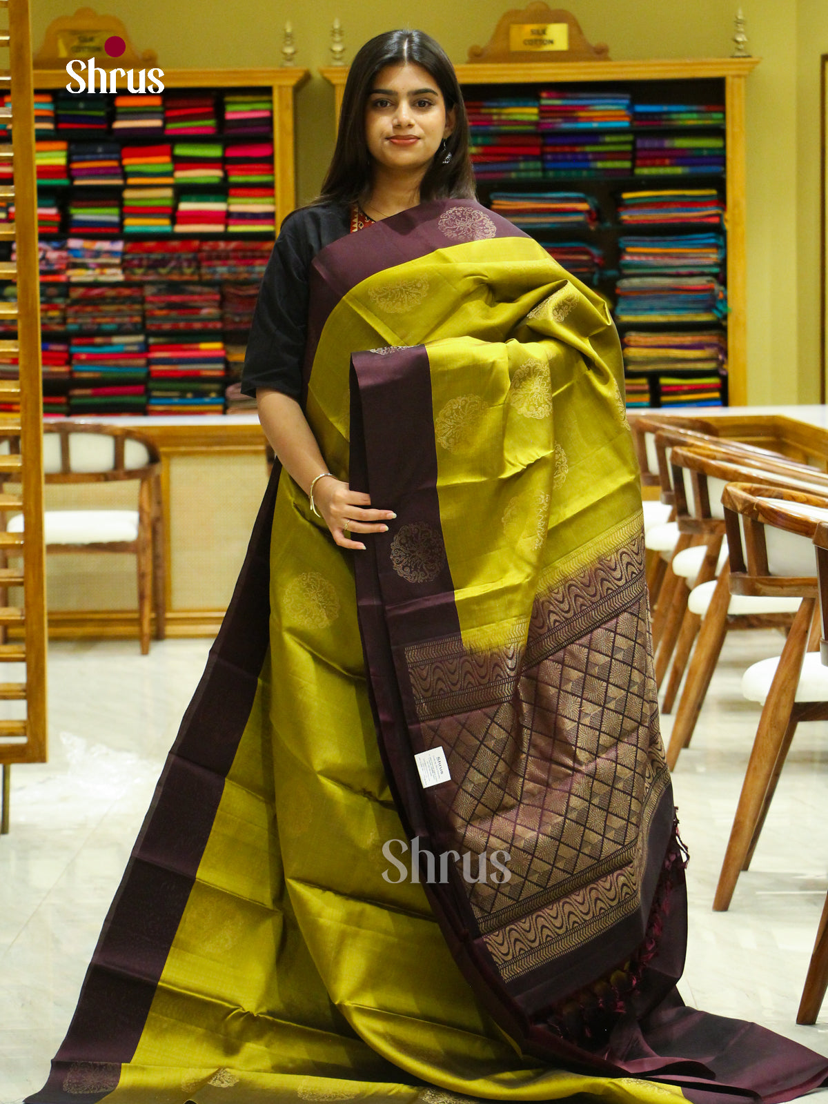 Gold Halfpure Soft Silk Saree with Floral Buttas | Dark Brown Contrast Border - Shop on Shrus.com