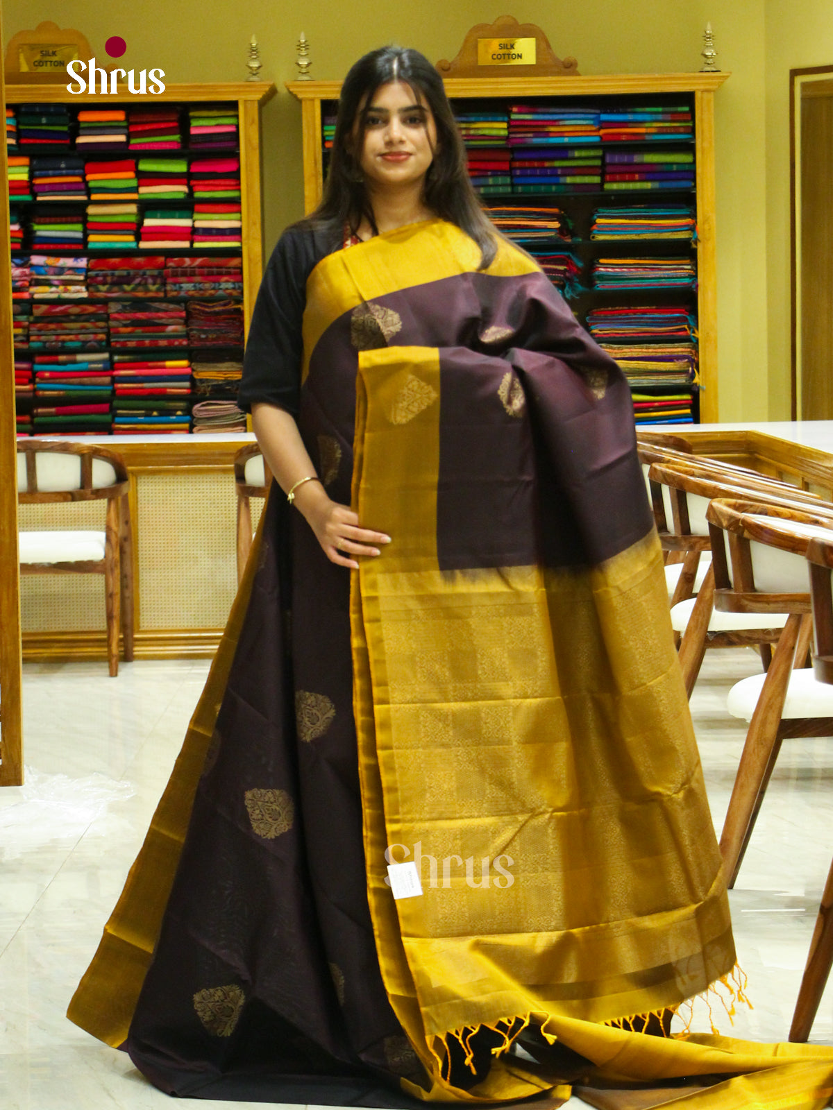 Dark Brown Halfpure Soft Silk Saree with Thilagam Buttas | Mustard Contrast Border