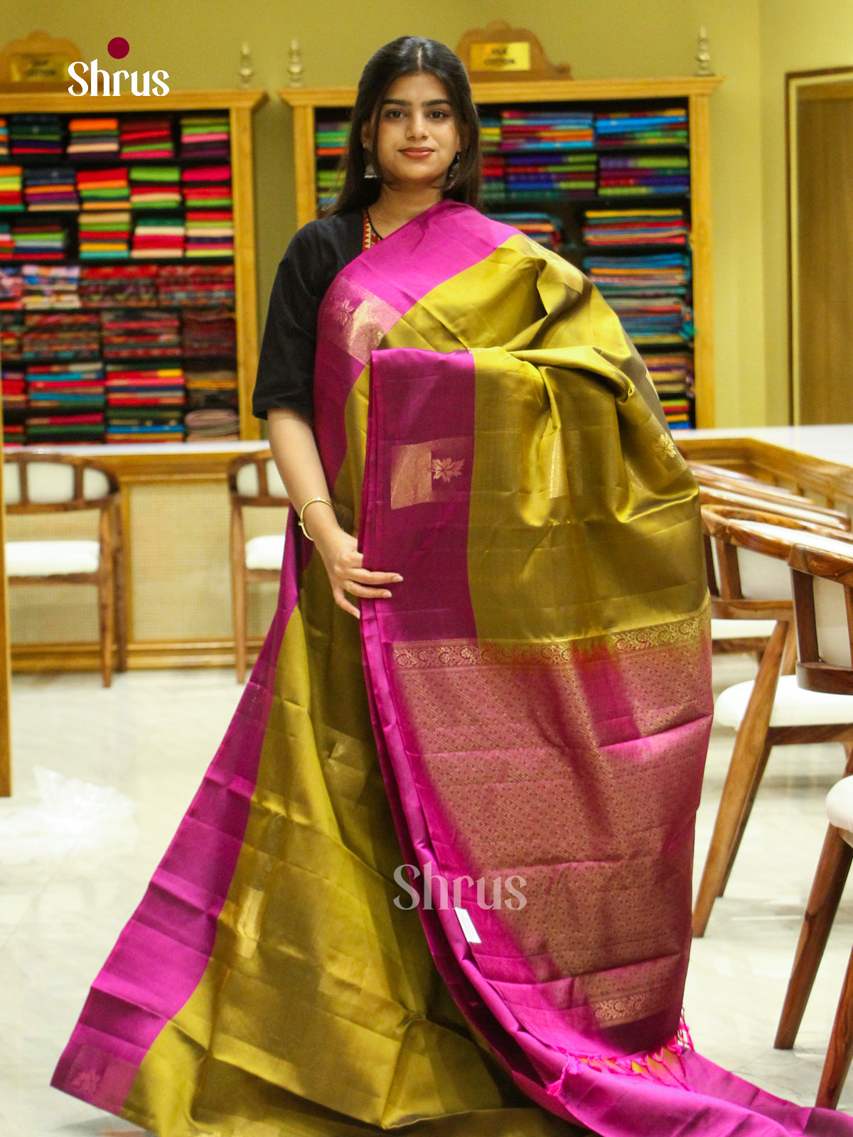 Gold Soft Silk Saree with Square Buttas | Magenta Contrast Border