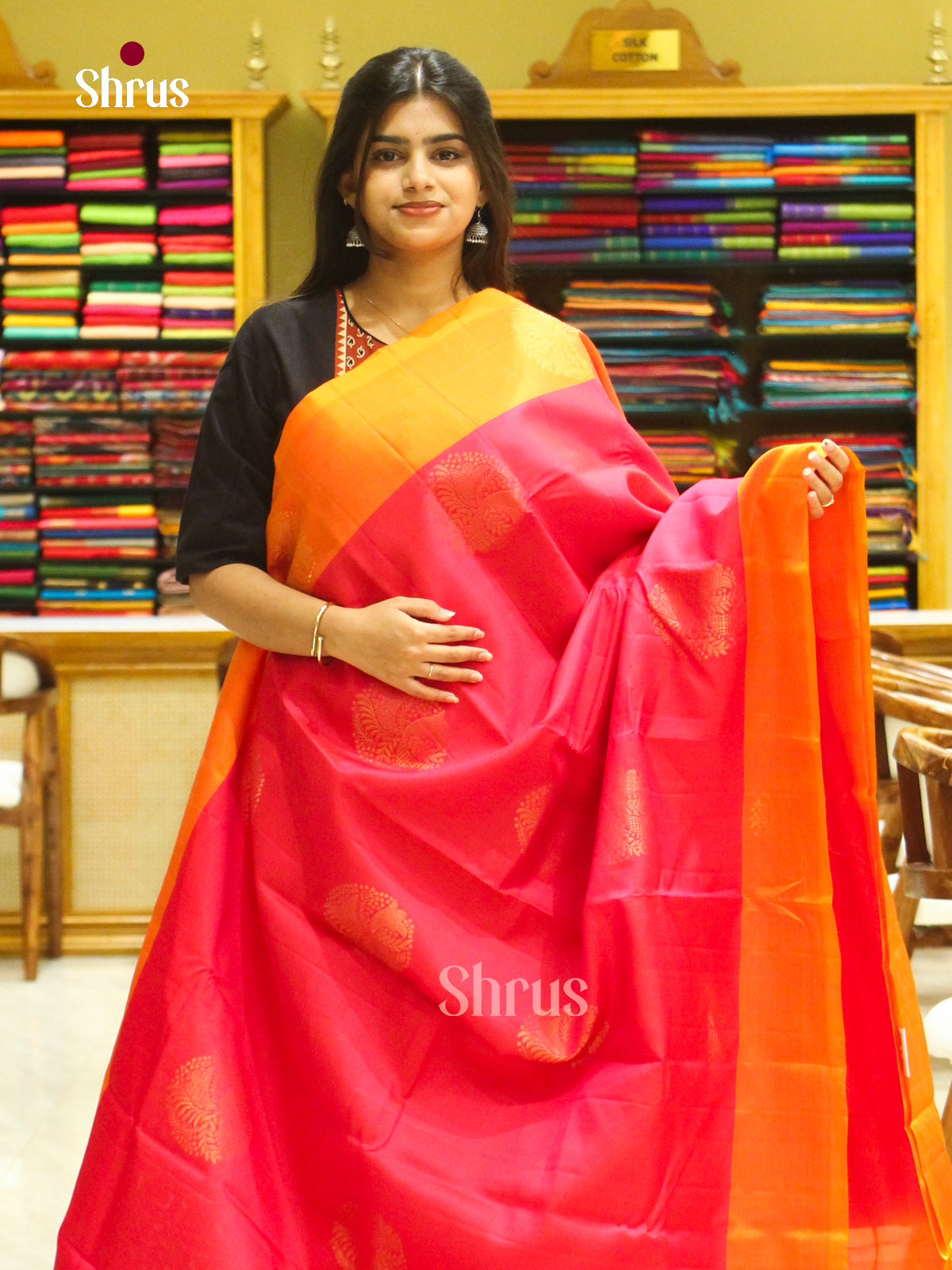 Pink Halfpure Soft Silk Saree with Floral Buttas | Orange Contrast Border
