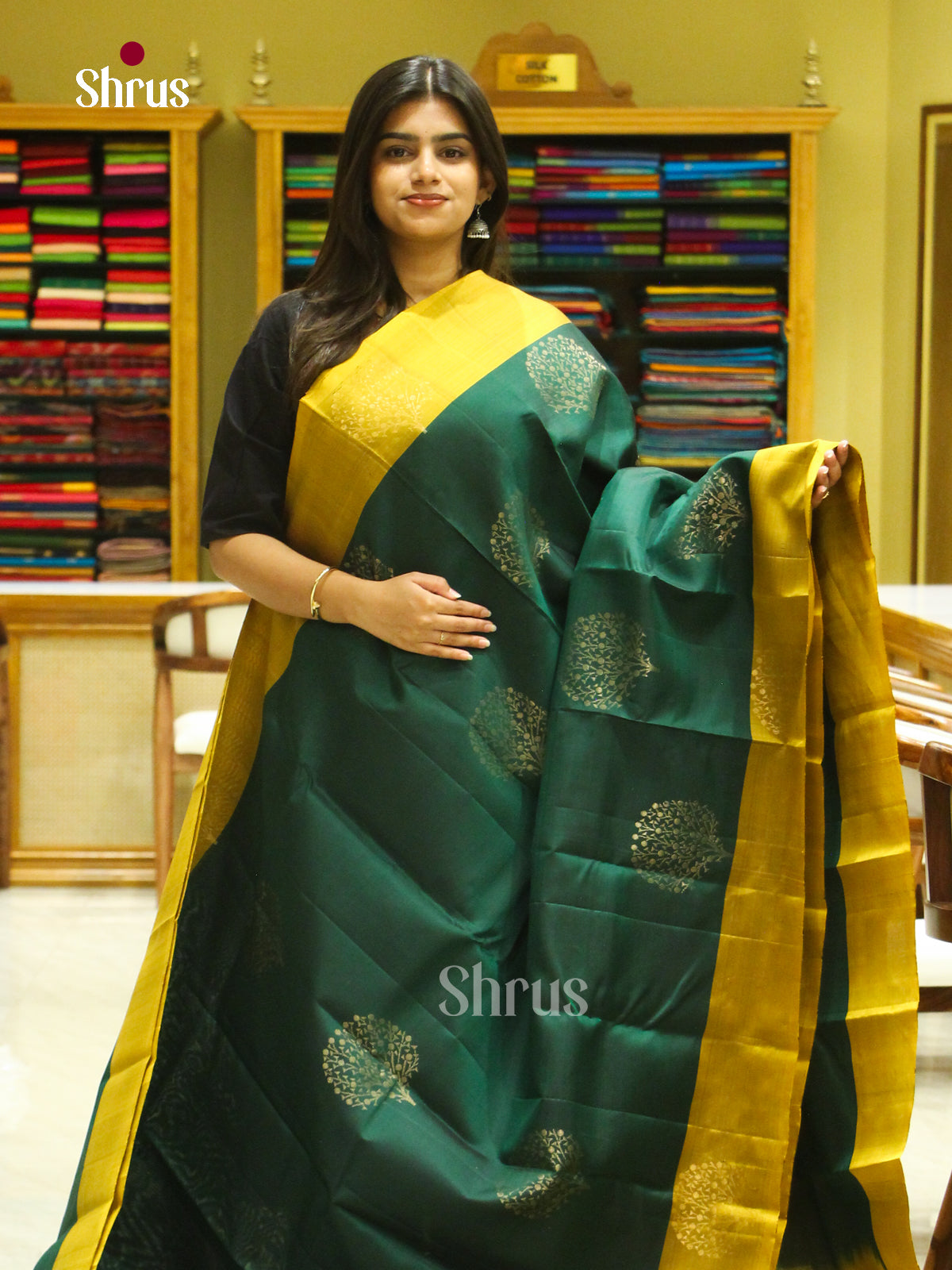 Dark Green Soft Silk Saree with Tree Buttas | Mustard Contrast Border