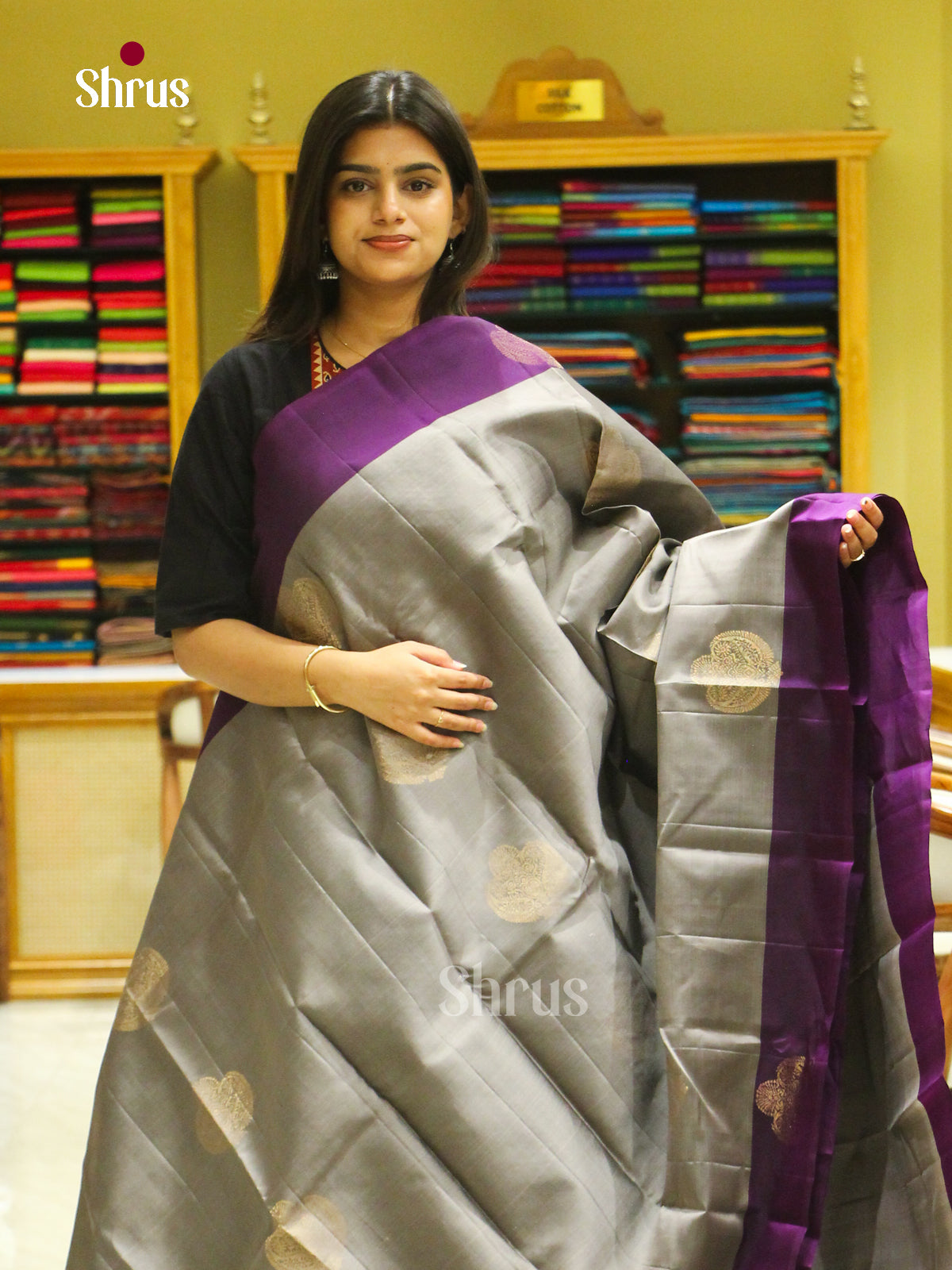 Silver Grey Halfpure Soft Silk Saree with Leaf Buttas | Violet Contrast Border