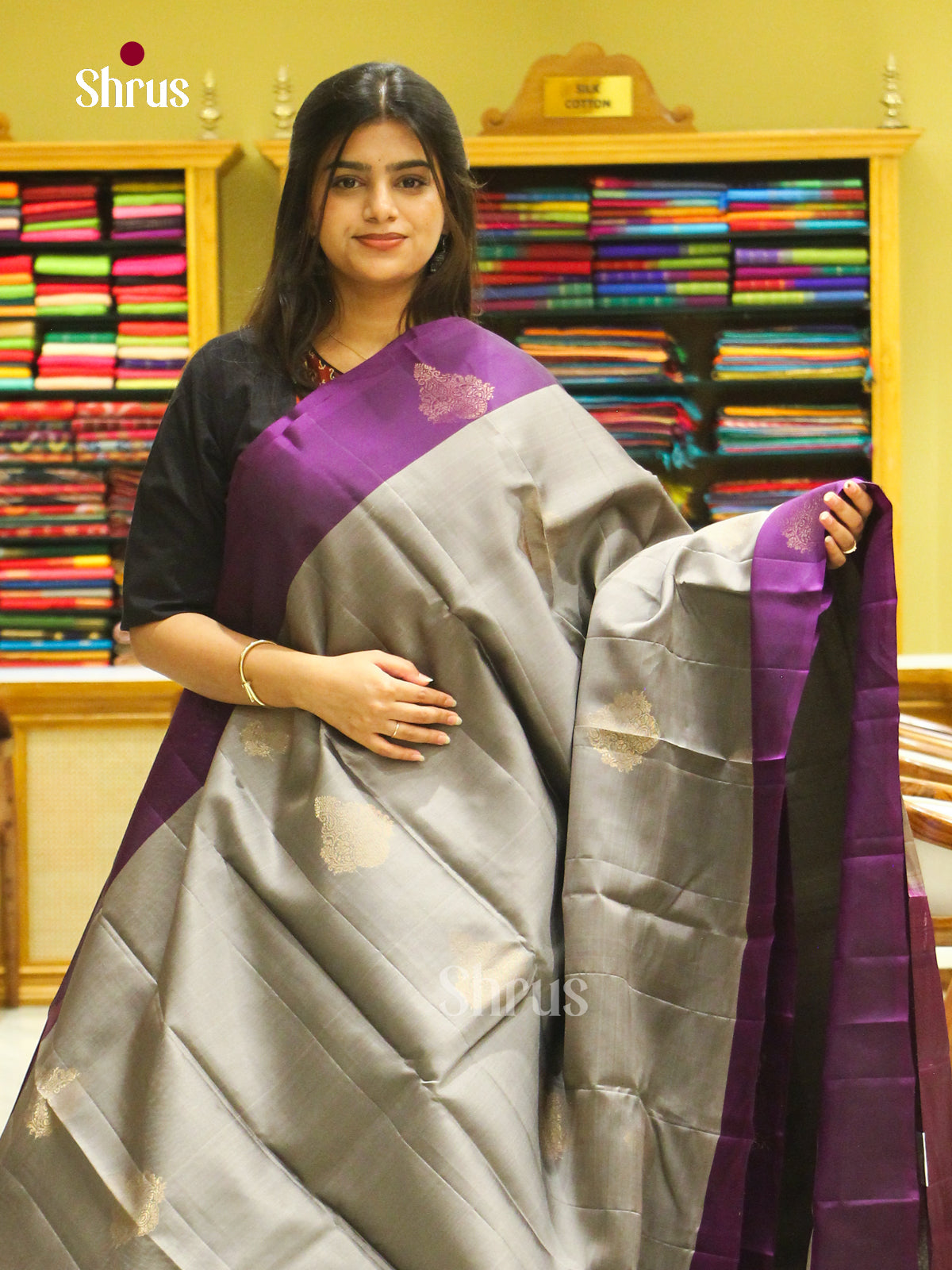 Grey Halfpure Soft Silk Saree with Floral Buttas | Violet Contrast Border