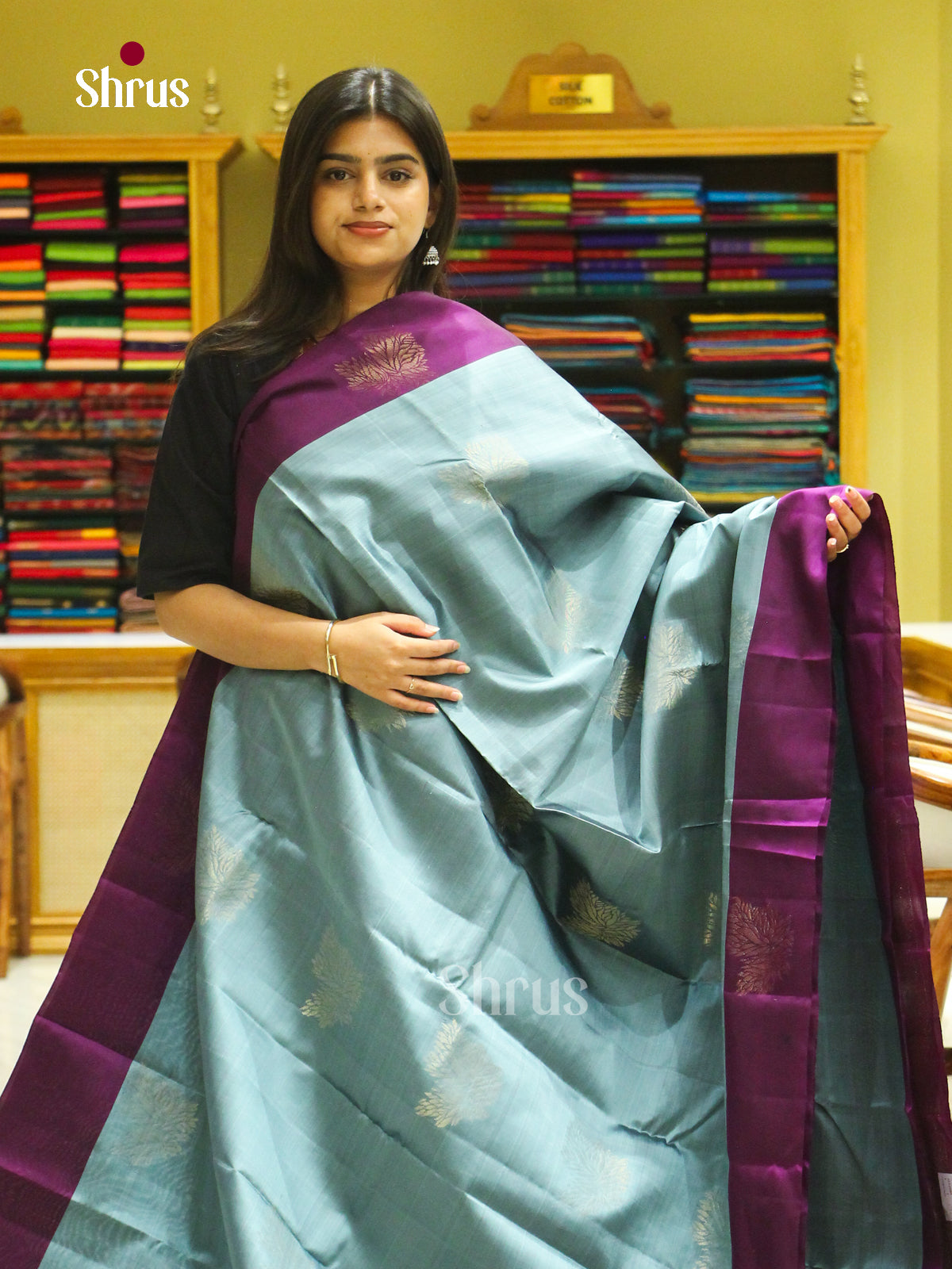 Blue Halfpure Soft Silk Saree with Floral Buttas | Violet Contrast Border - Shop on Shrus.com