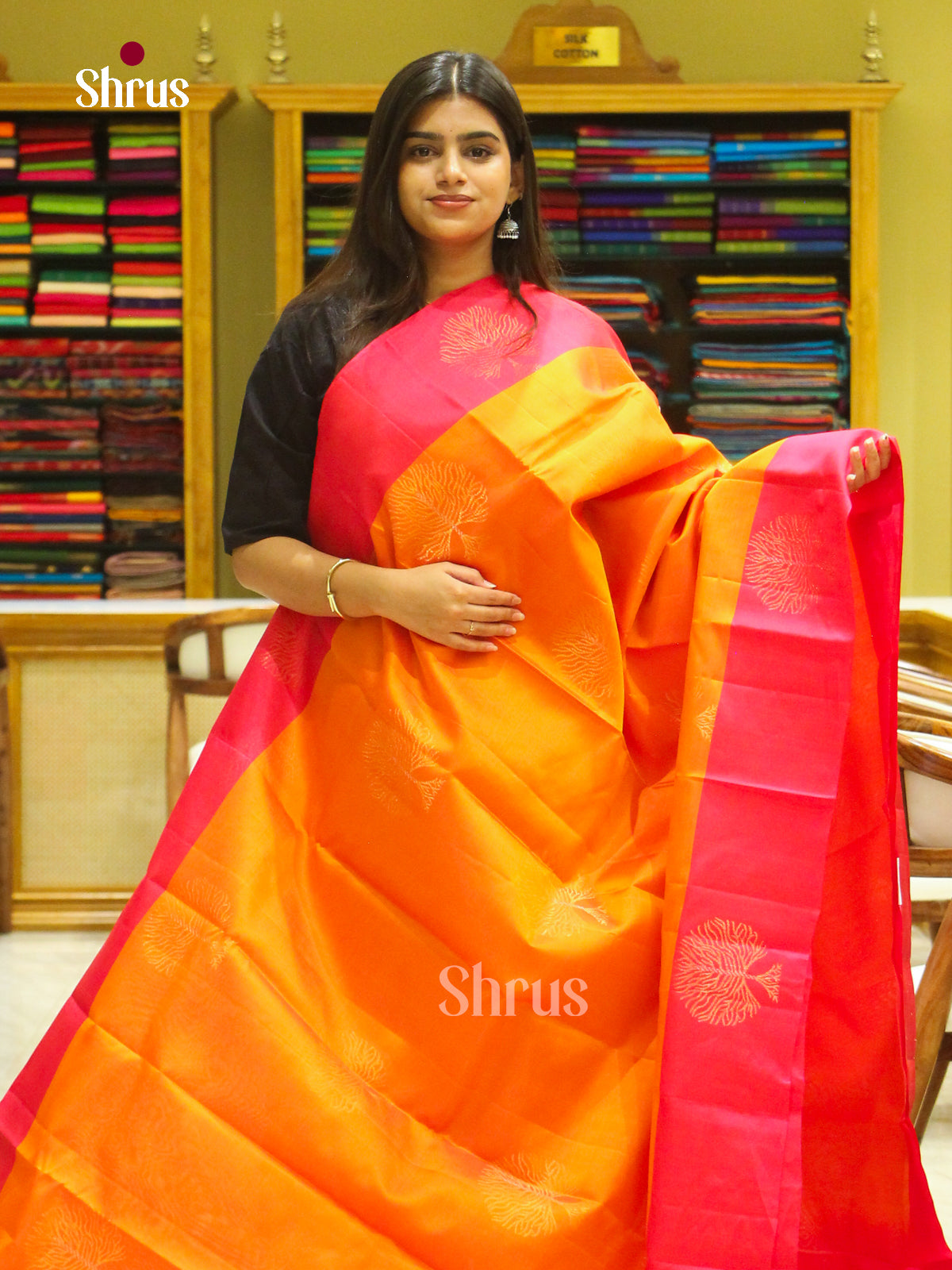 Orange Soft Silk Saree with Tree Buttas | Pink Contrast Border
