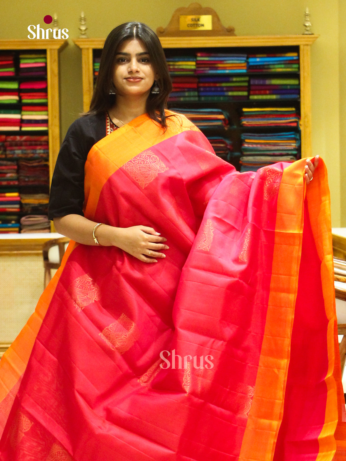 Pink Soft Silk Saree with Square Buttas | Orange Contrast Border - Shop on Shrus.com