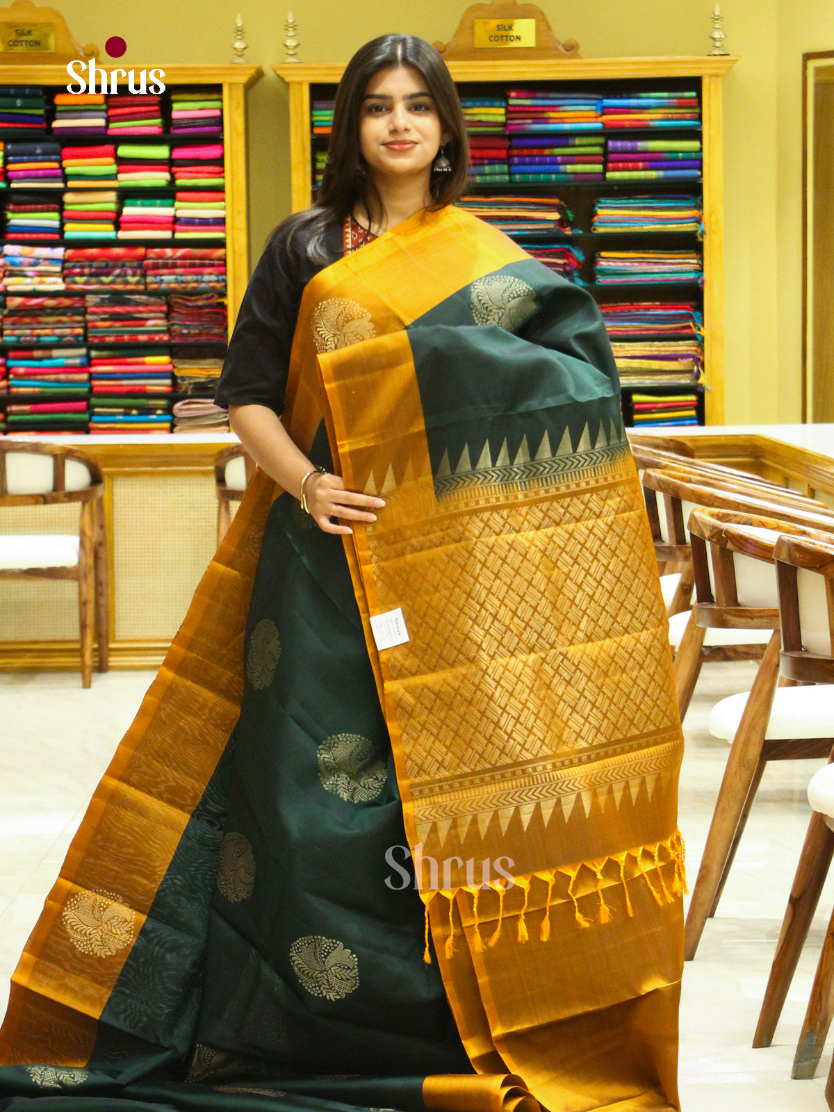 Dark Green Halfpure Soft Silk Saree with Floral Buttas | Mustard Contrast Border - Shop on Shrus.com