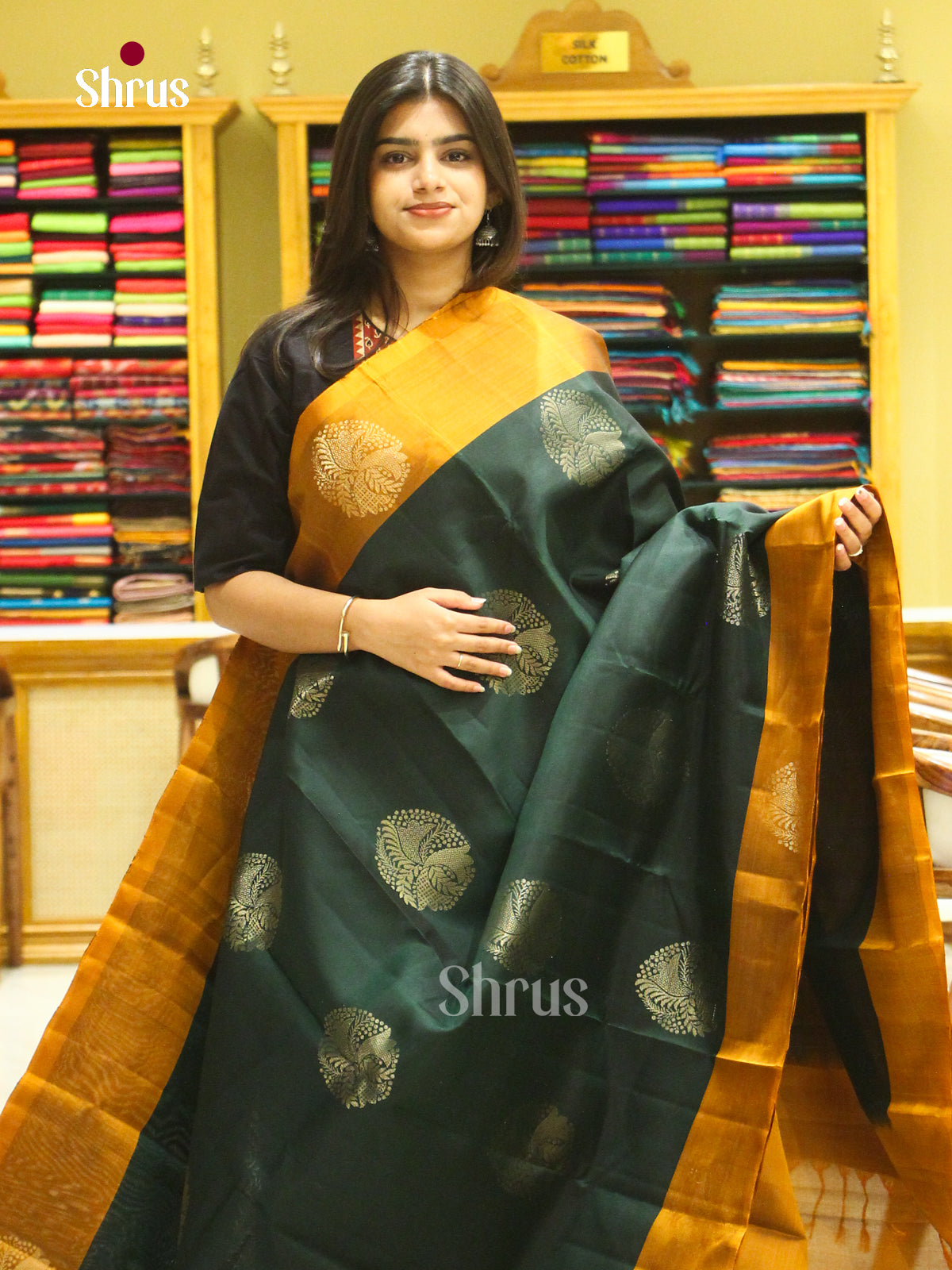 Dark Green Halfpure Soft Silk Saree with Floral Buttas | Mustard Contrast Border - Shop on Shrus.com