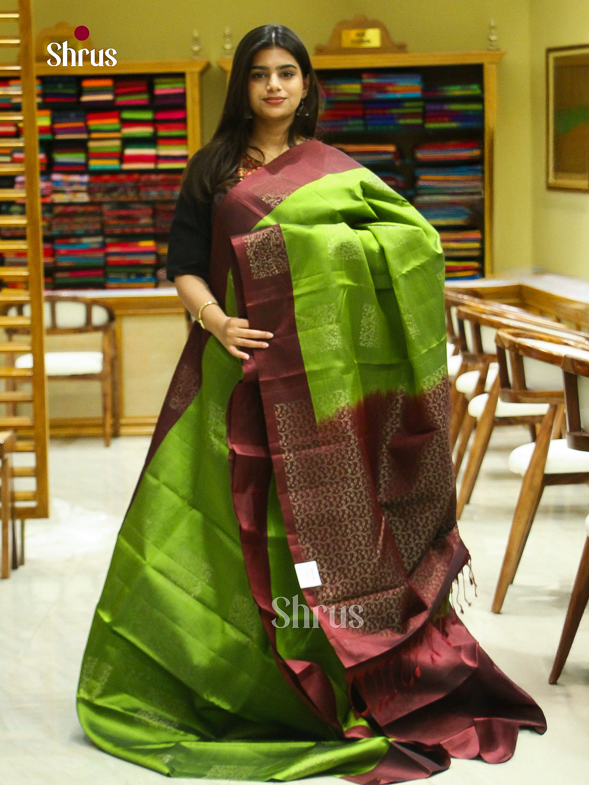 Light Green Halfpure Soft Silk Saree with Square Buttas | Dark Brown Contrast Border